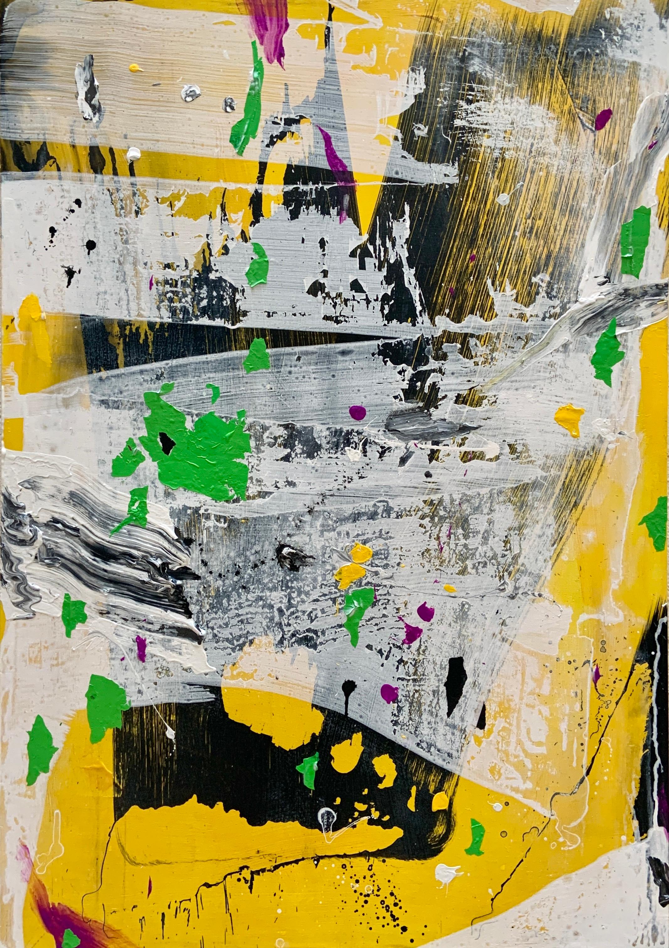 Abstract Mixed Media Painting Yellow Field Black Gesture Collage Composition