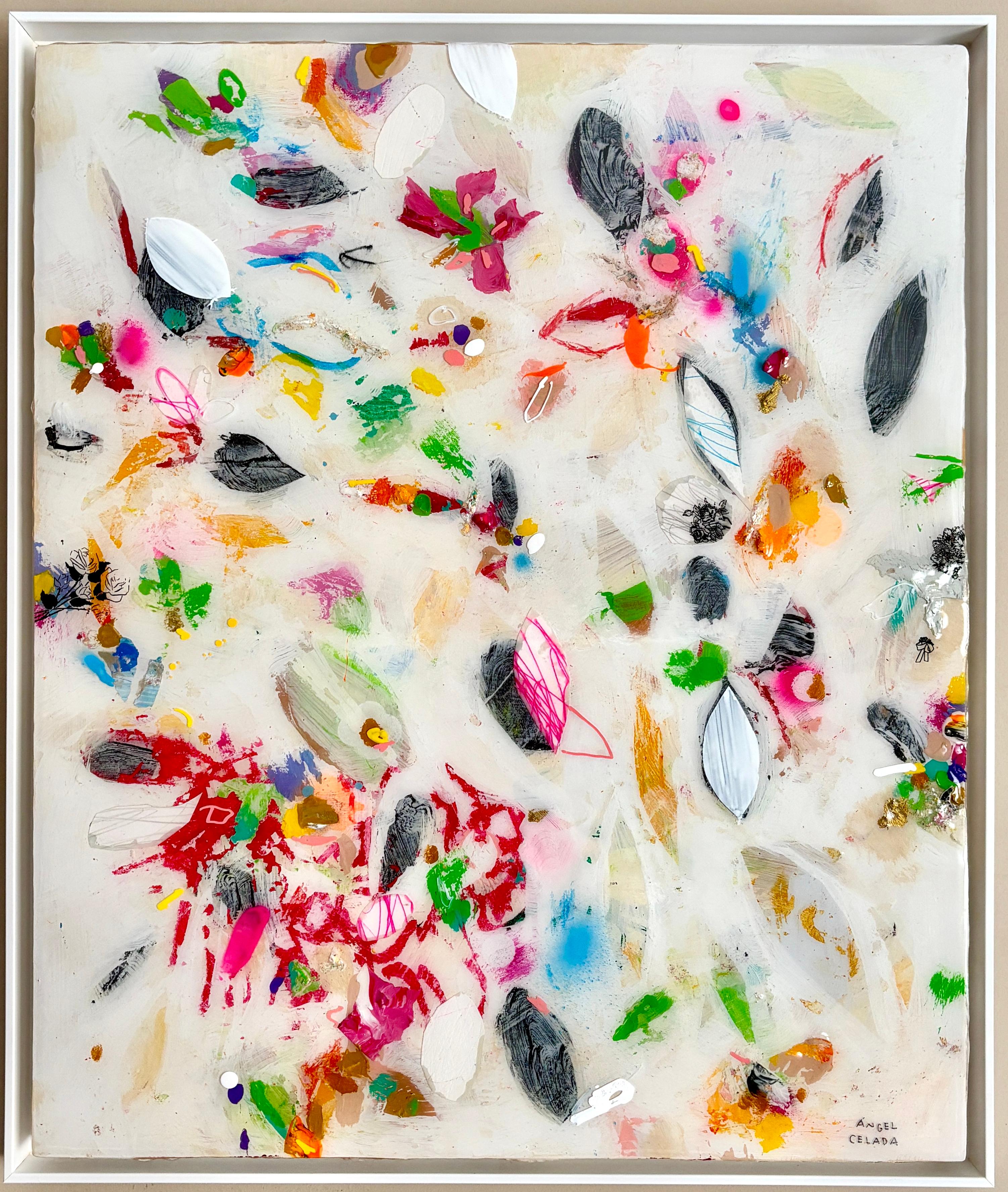 Peinture florale abstraite contemporaine Champ blanc Mixed Media sur panneau encadré
