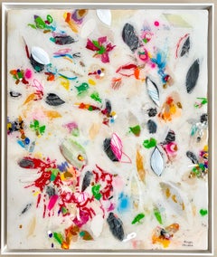 Pintura Floral Abstracta Contemporánea Campo Blanco Técnica Mixta sobre Panel Enmarcado