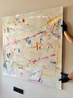 Grand tableau abstrait contemporain Gestural Mixed Media Mediterranean Light