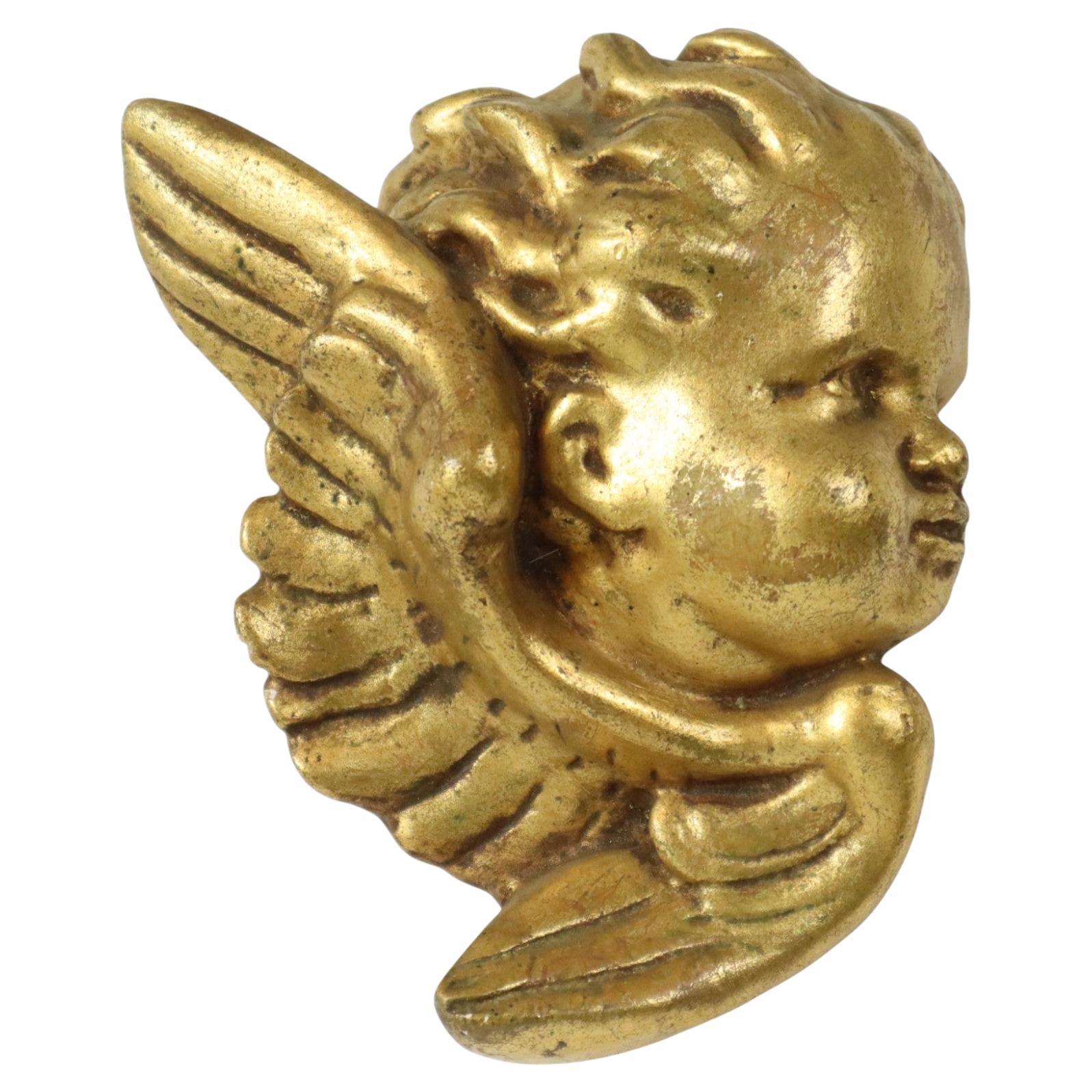 Engel Cherub Kopf Vergoldeter Gips Gold Wanddekoration 17cm im Angebot