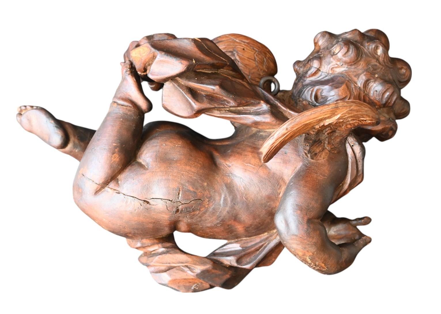 Ángel, Querubín, Putti En Madera Tallada, Barroco, Finales Siglo XVII en Bueno estado para la venta en Bilzen, BE