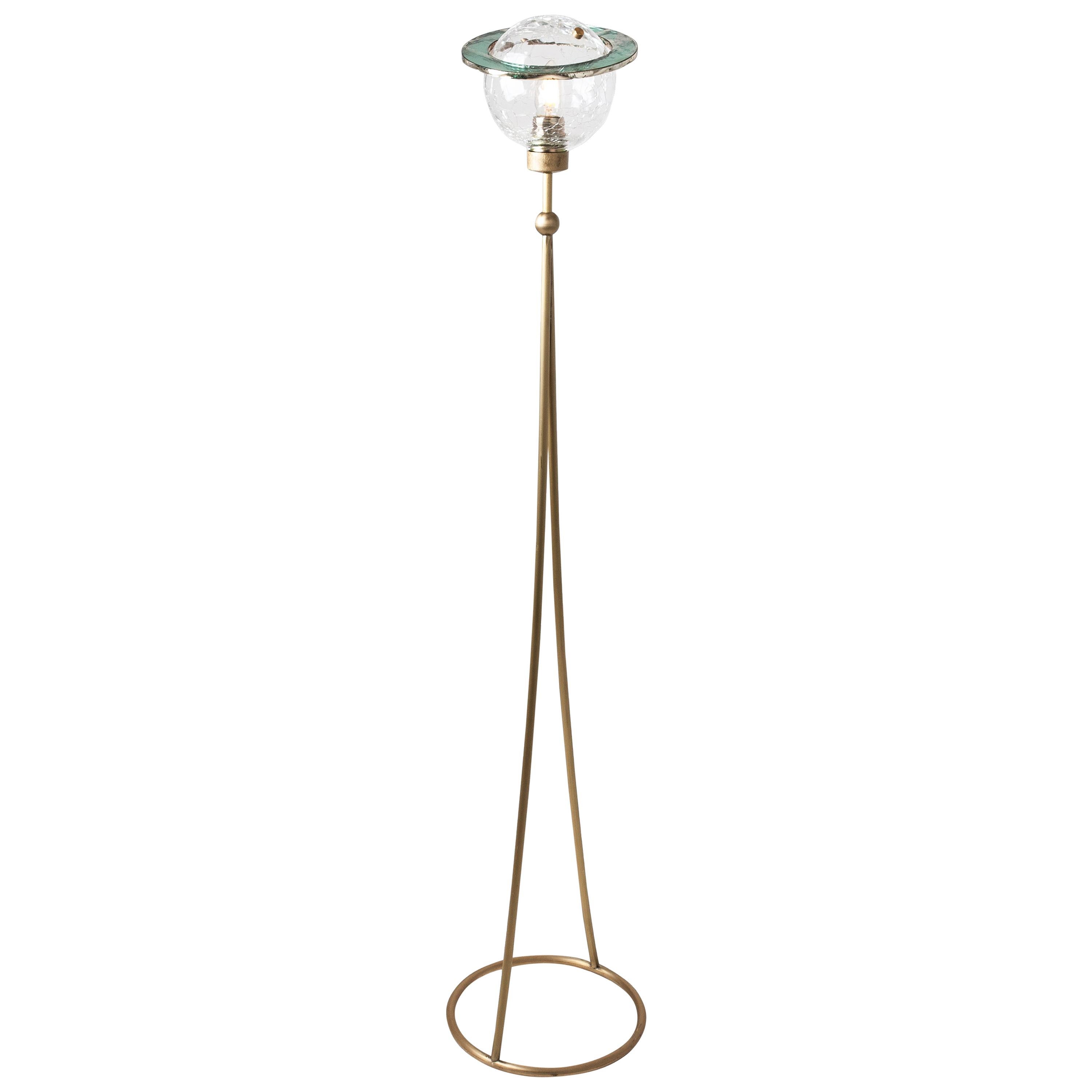 "Angel" Contemporary Standing Lamp, Crystal Bowl, Silvered Glass Ring