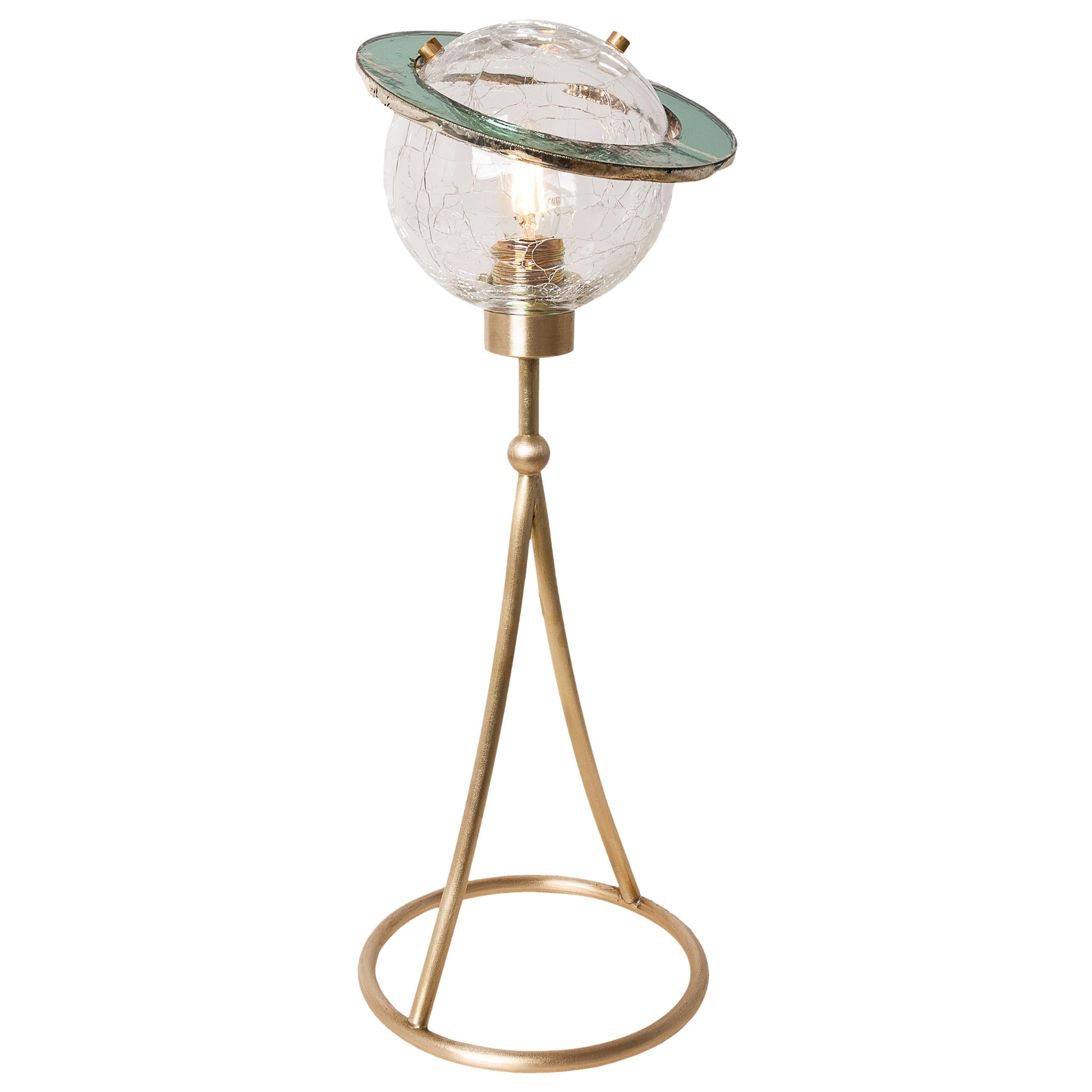 "Angel" Contemporary Table Console Lamp, Crystal Bowl, Silvered Glass Ring