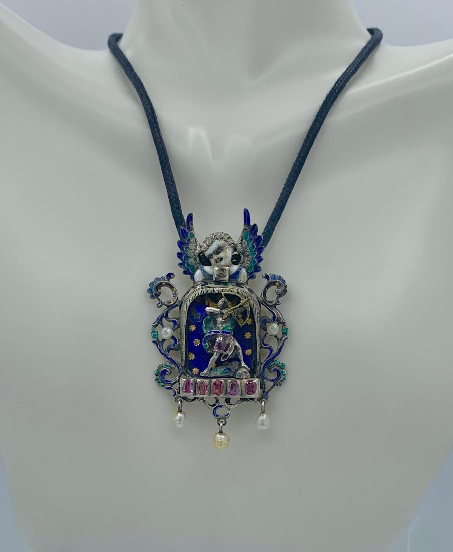 Renaissance Revival Angel Cupid Ruby Diamond Enamel Pendant Necklace Austro-Hungarian Renaissance For Sale