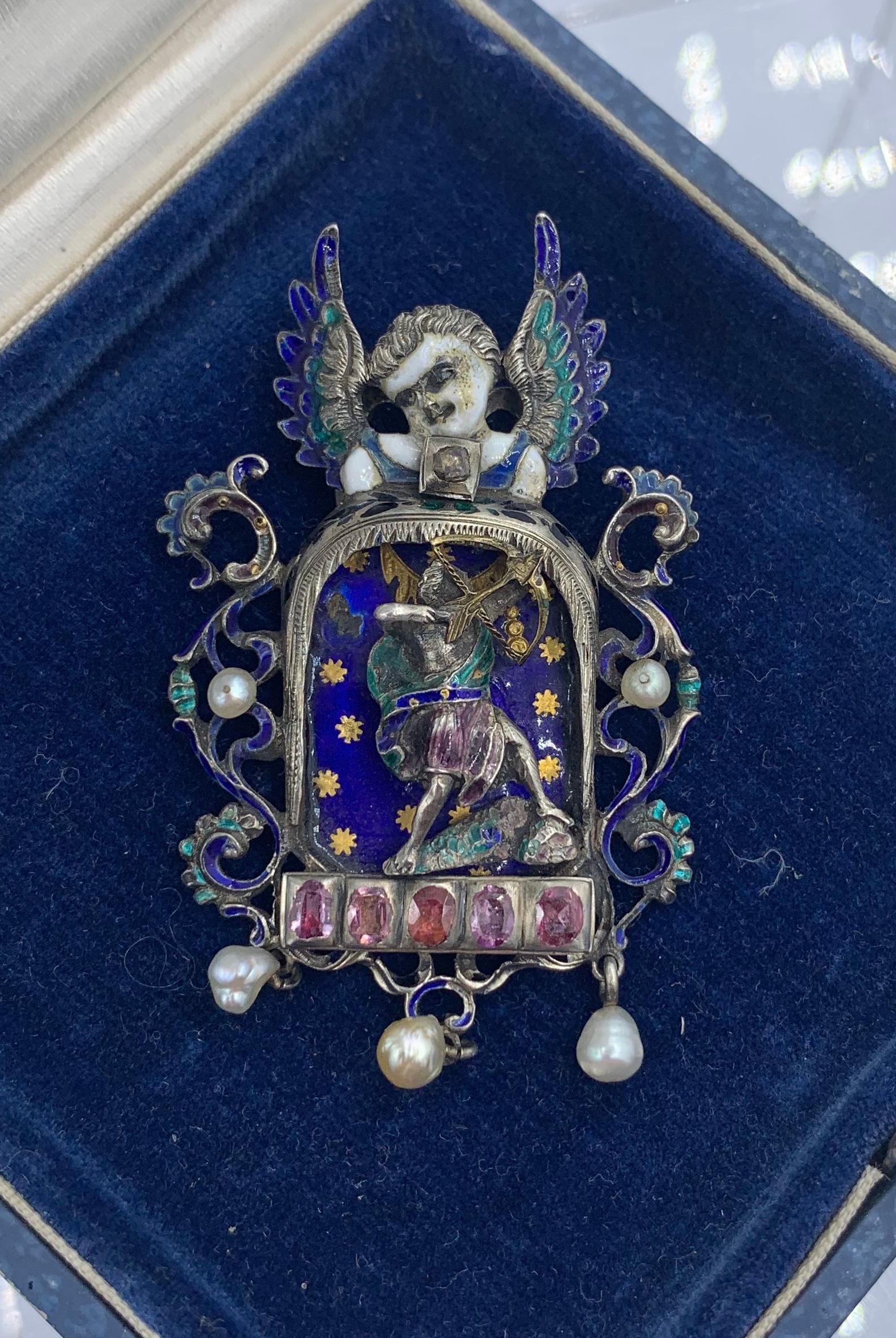 Oval Cut Angel Cupid Ruby Diamond Enamel Pendant Necklace Austro-Hungarian Renaissance For Sale