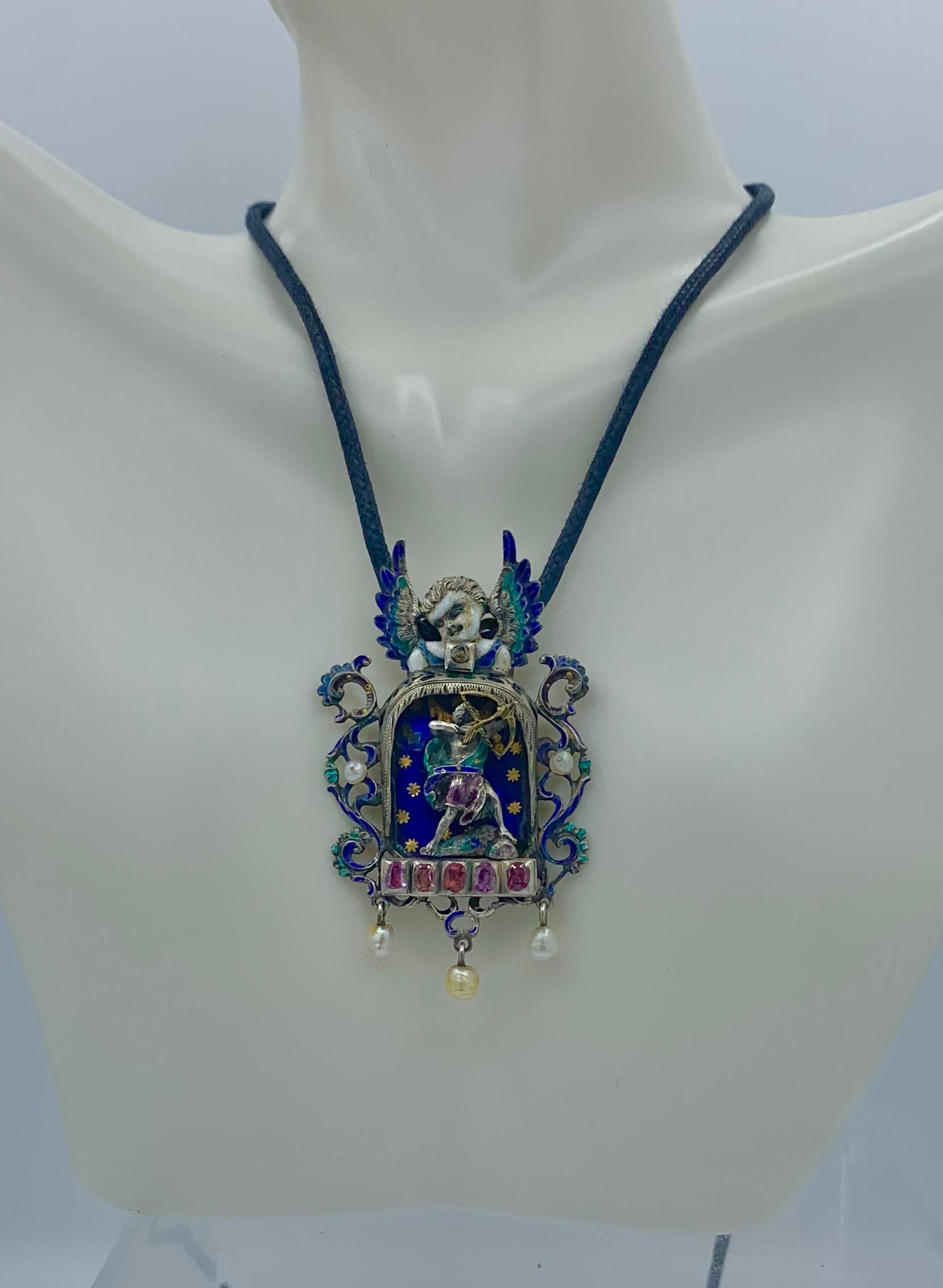 Angel Cupid Ruby Diamond Enamel Pendant Necklace Austro-Hungarian Renaissance In Good Condition For Sale In New York, NY