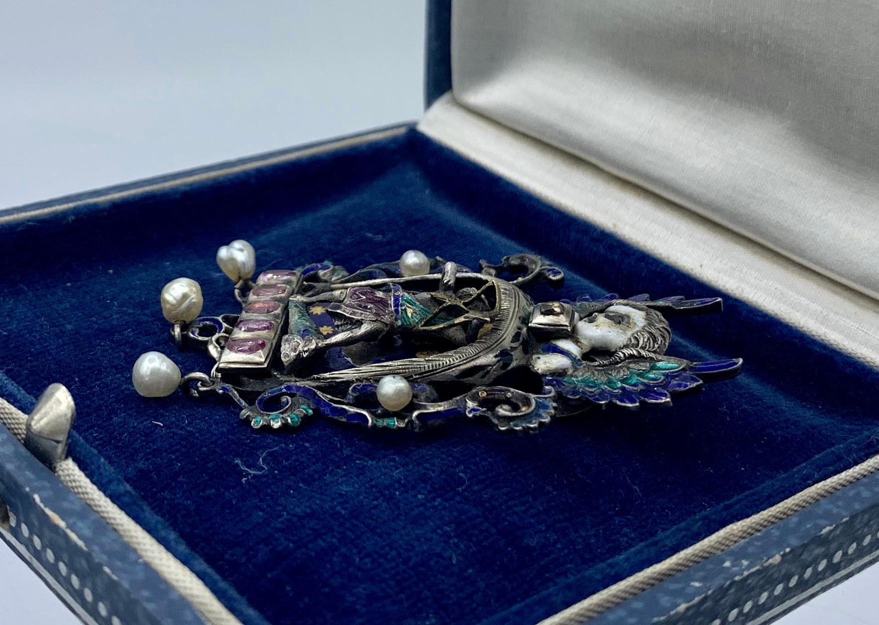 Women's Angel Cupid Ruby Diamond Enamel Pendant Necklace Austro-Hungarian Renaissance For Sale