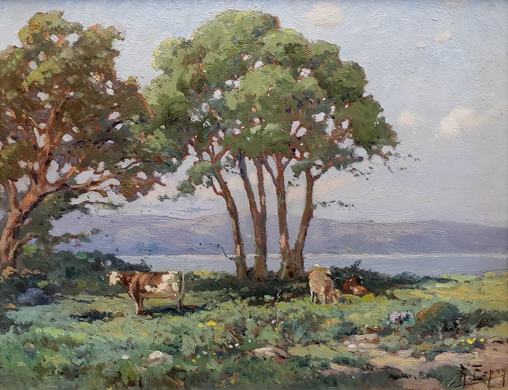 Cows in Summer Landscape - Painting by Angel De Service Espoy