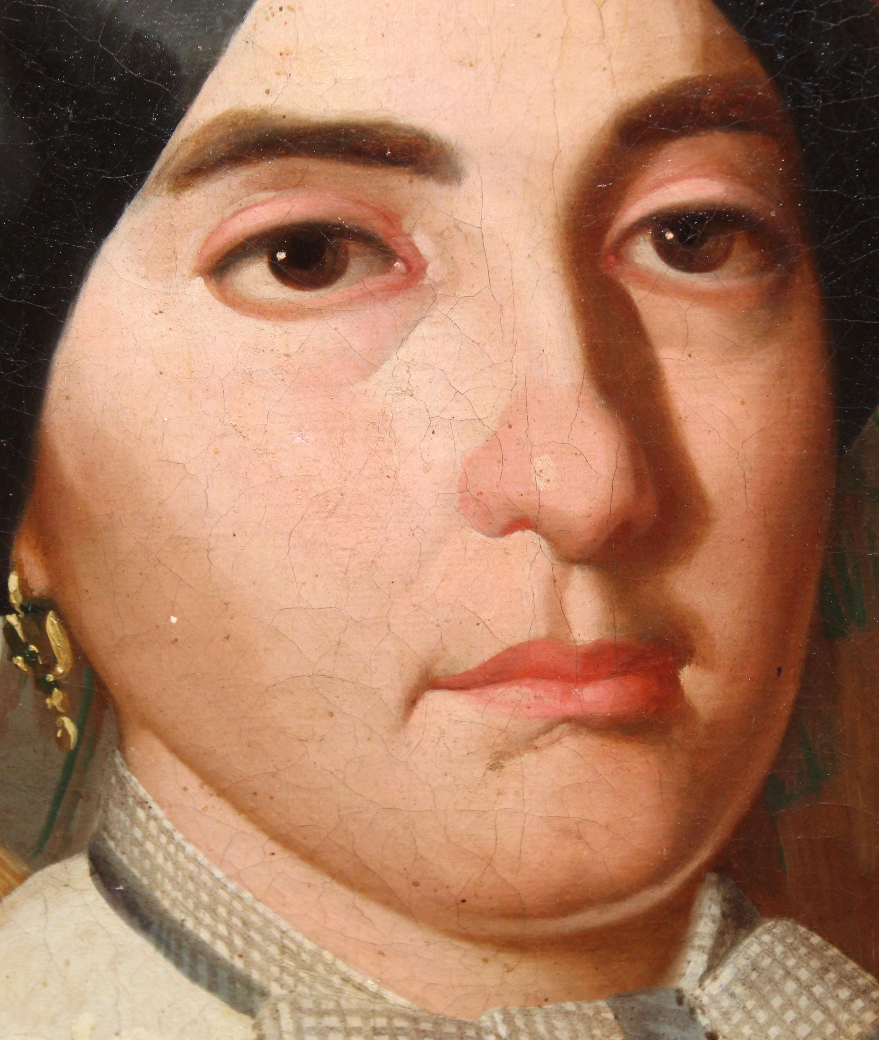Óleo sobre tela - Retrato femenino - Año 1855 - Brown Portrait Painting by Angel Diaz Pines (1825 - 1869) 