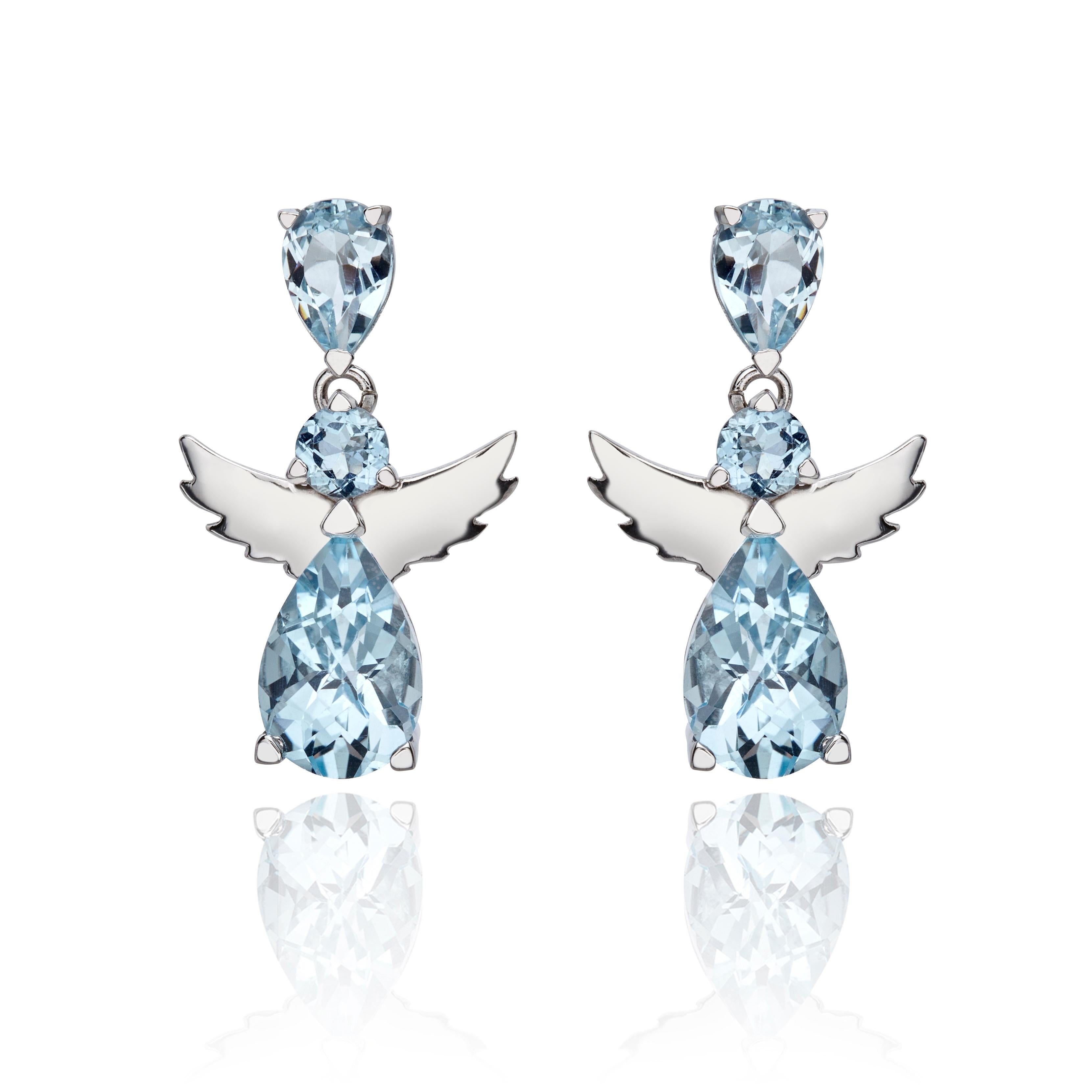 Contemporary Angel Drop Earrings 18Kt White Gold with Pear and Round Blue Topaz Gift for Her For Sale