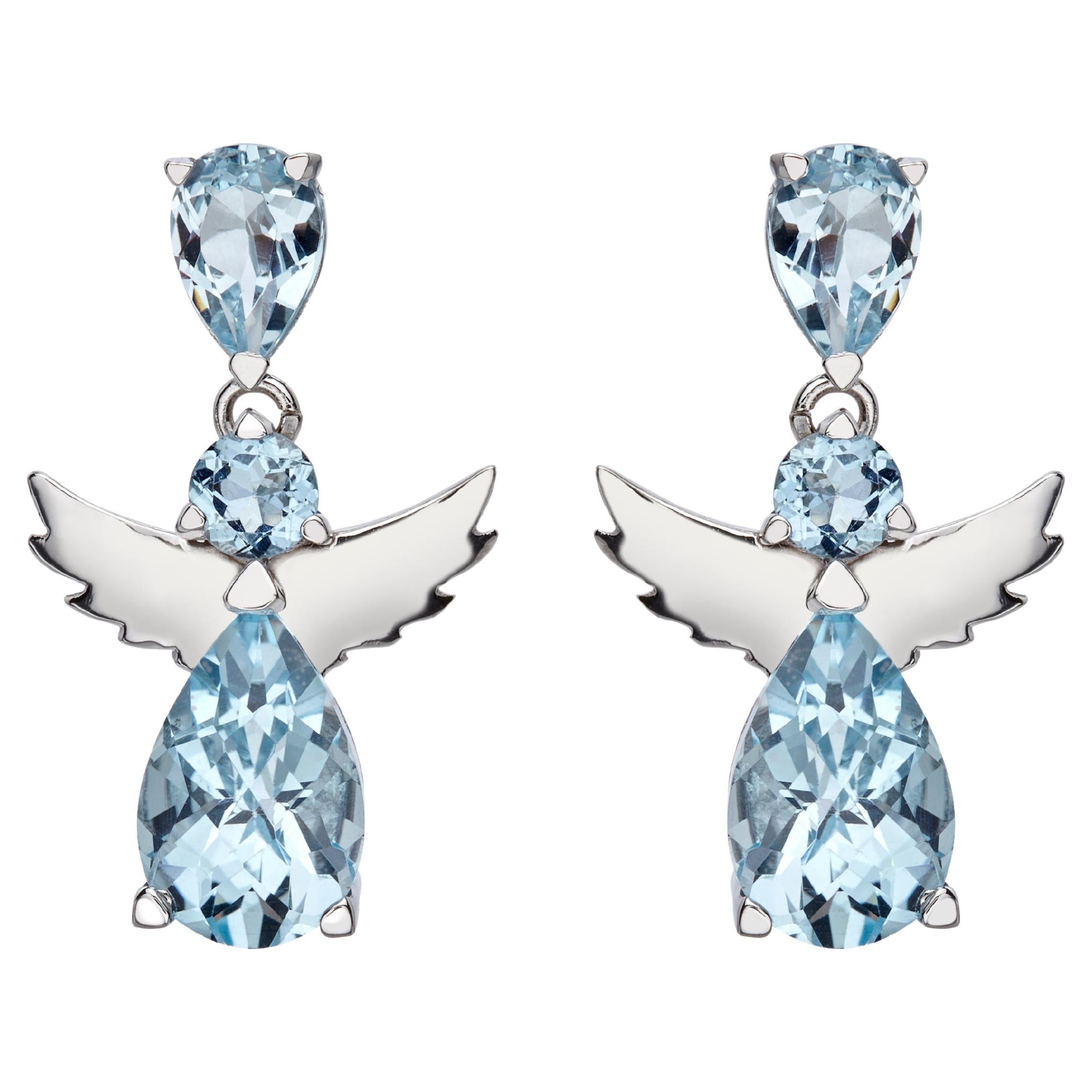 Angel Drop Earrings 18Kt White Gold with Pear and Round Blue Topaz Gift for Her