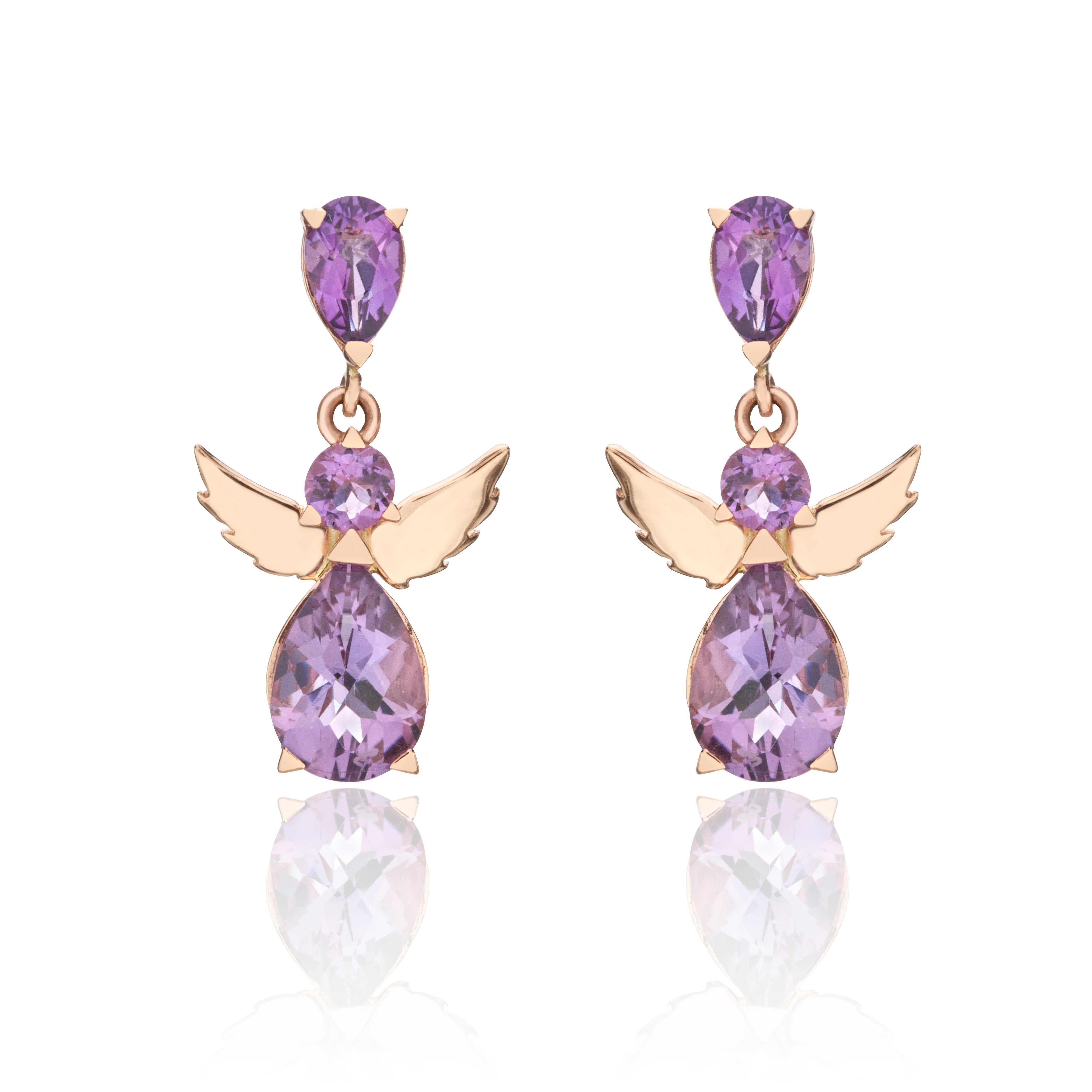 Modern Angel Drop Earrings in 18Kt Rose Gold with Pear and Round Purple Amethyst Gift For Sale