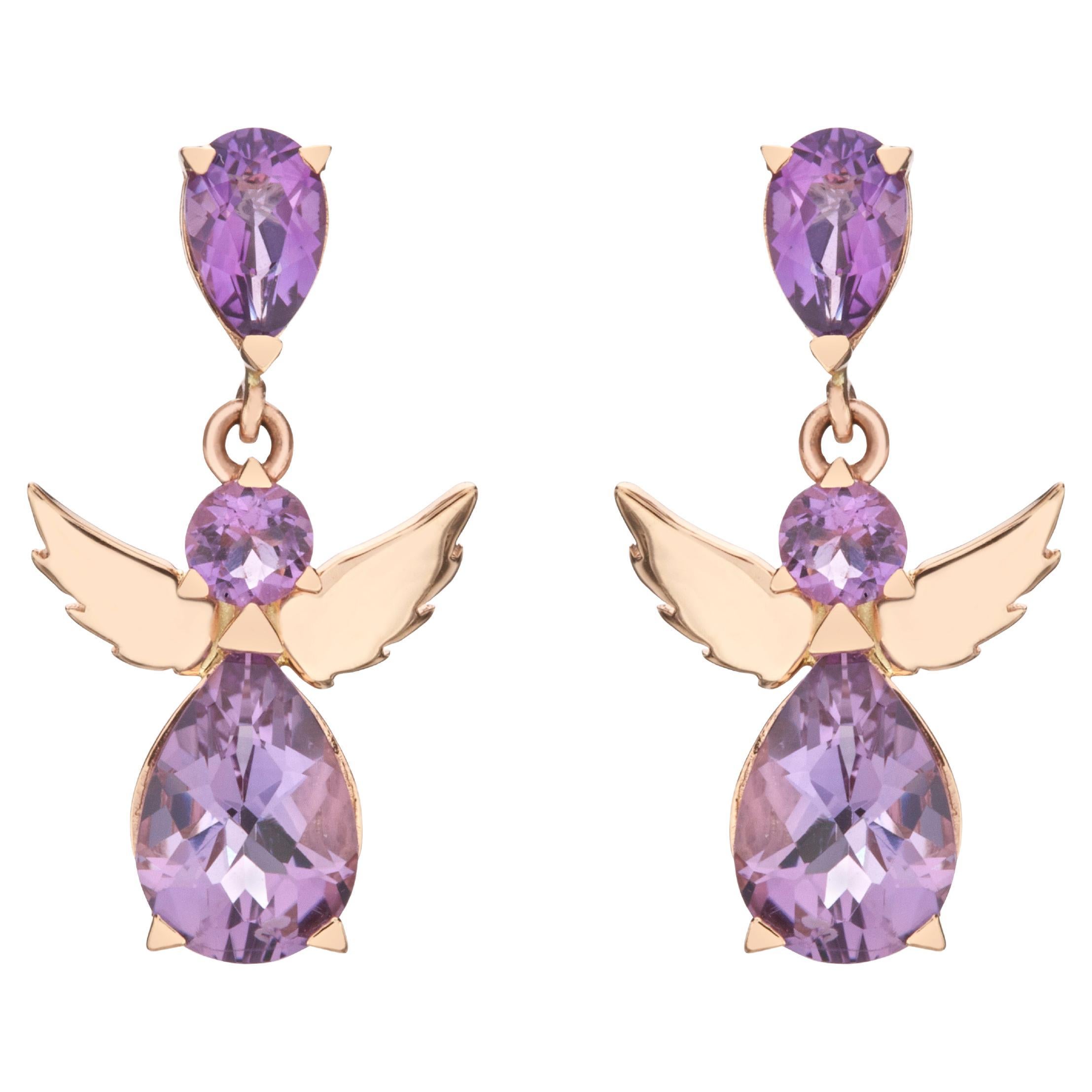Boucles d'oreilles en forme d'ange en or rose 18 carats avec perles et améthyste violette ronde cadeau en vente