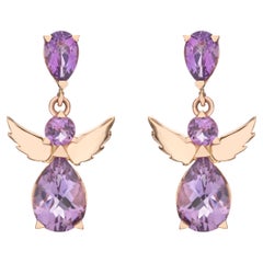 Used Angel Drop Earrings in 18Kt Rose Gold with Pear and Round Purple Amethyst Gift