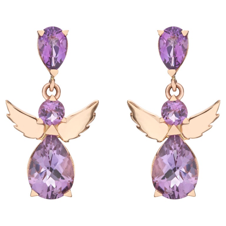 Angel Drop Earrings in 18Kt Rose Gold with Pear and Round Purple