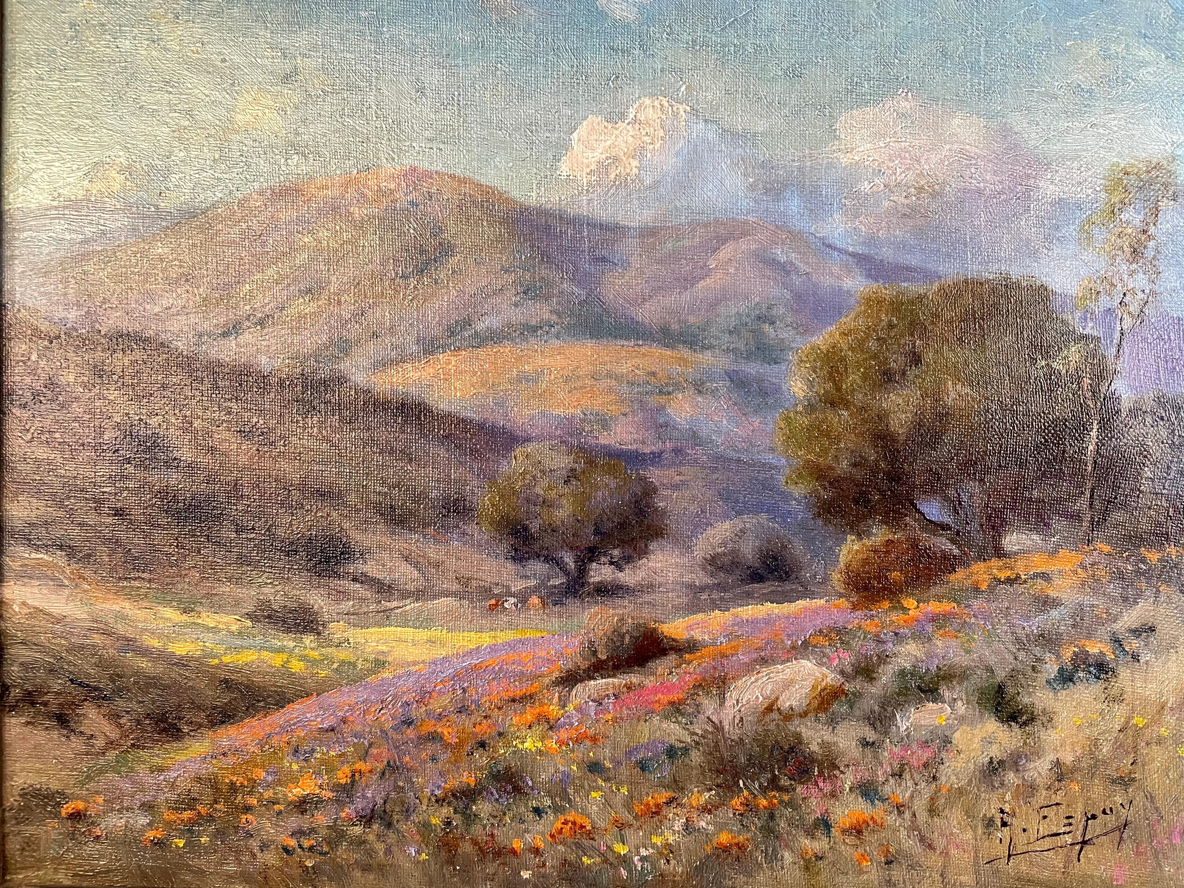 Precioso óleo sobre lienzo vintage de paisaje impresionista californiano, ca. 1930 - Painting impresionista estadounidense de Angel Espoy