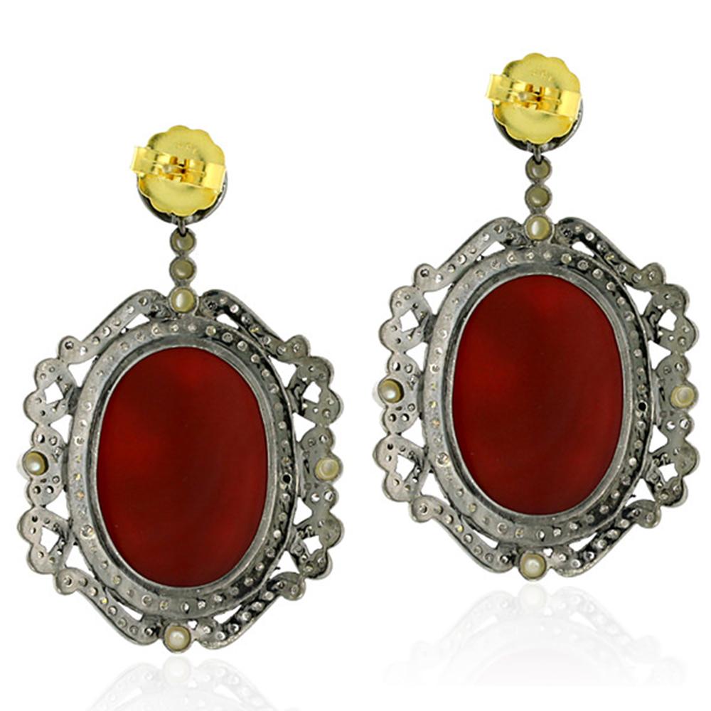 Artisan Angel Figure Carved on Shell Cameo Earrings with Pearl & Diamond in 18k Gold For Sale