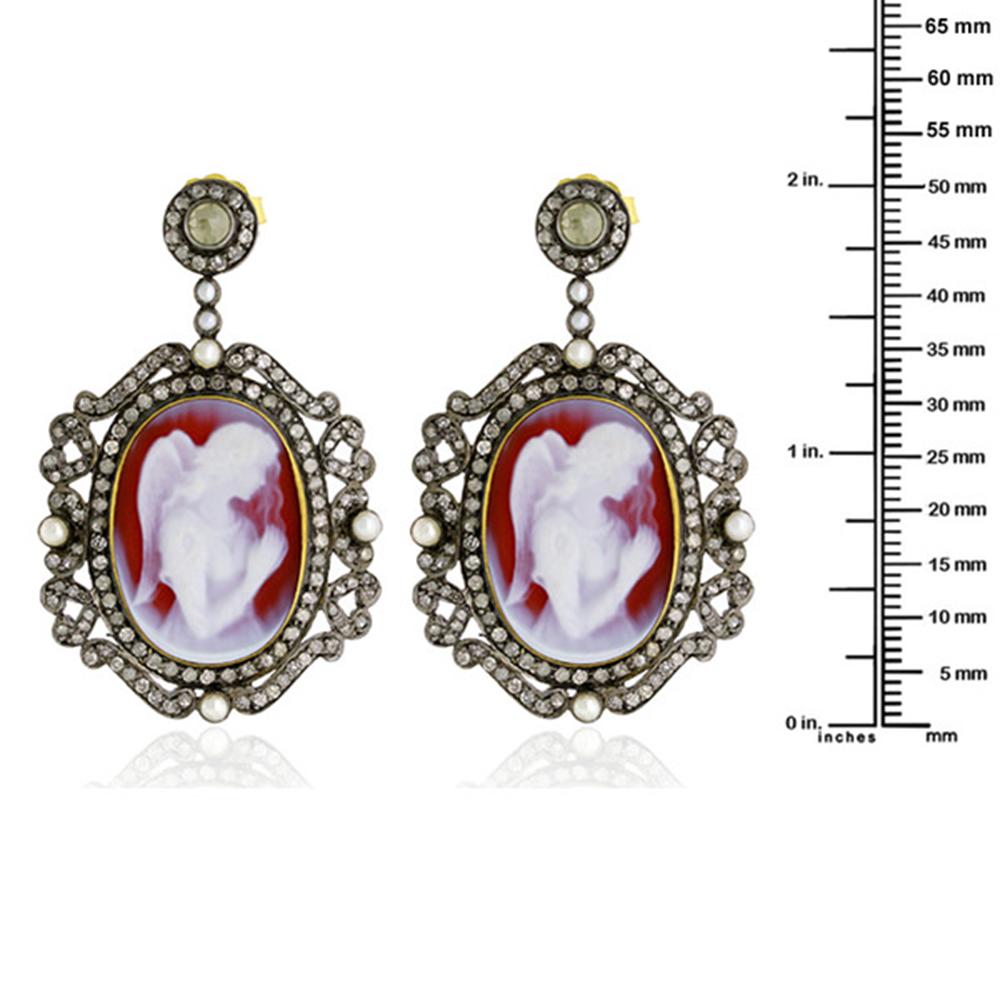 Round Cut Angel Figure Carved on Shell Cameo Earrings with Pearl & Diamond in 18k Gold For Sale