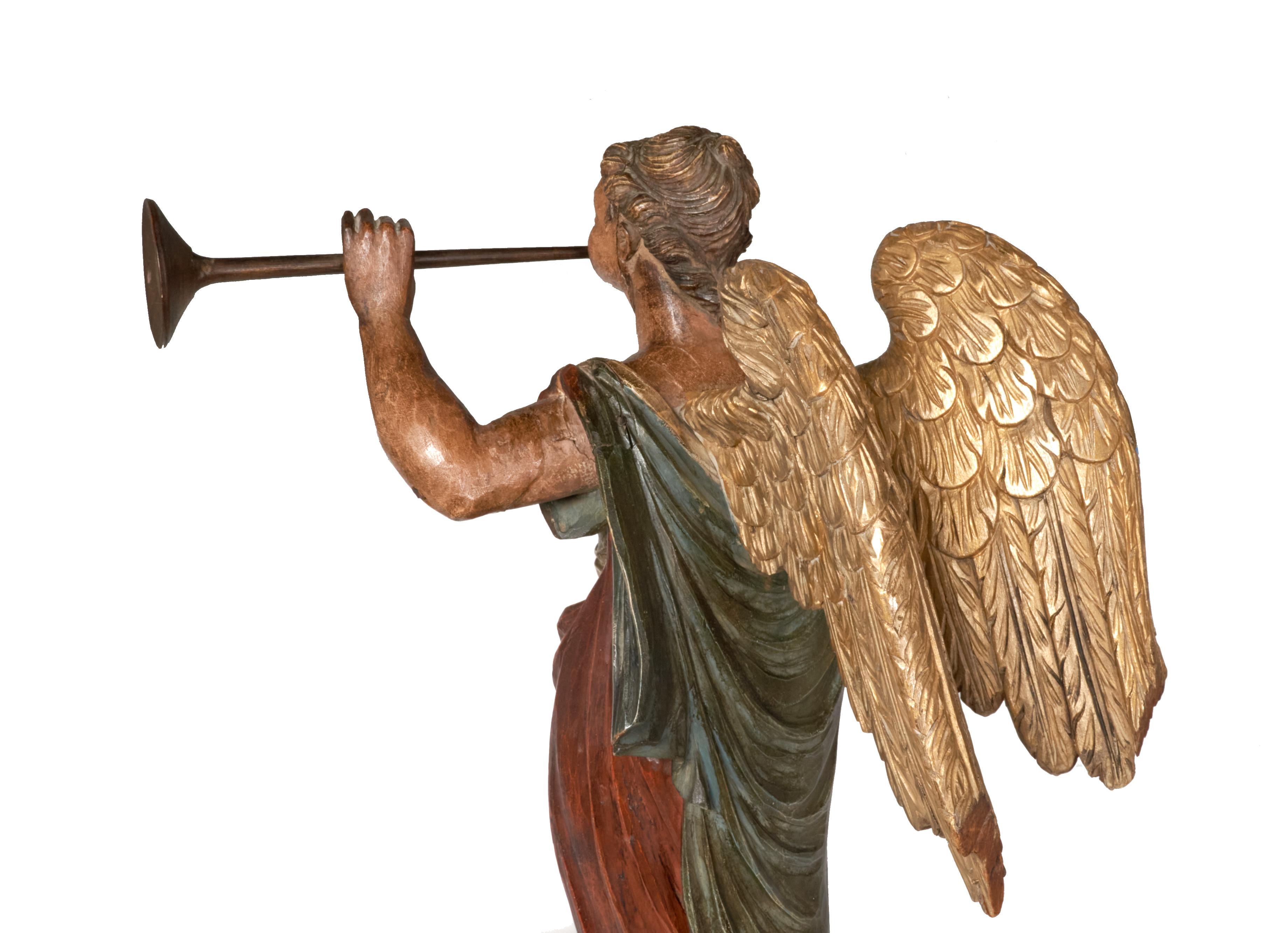 Angel Gabriel with Horn, Painted 19th Century Hand Carved Wooden Statue In Good Condition In Plymouth, MA