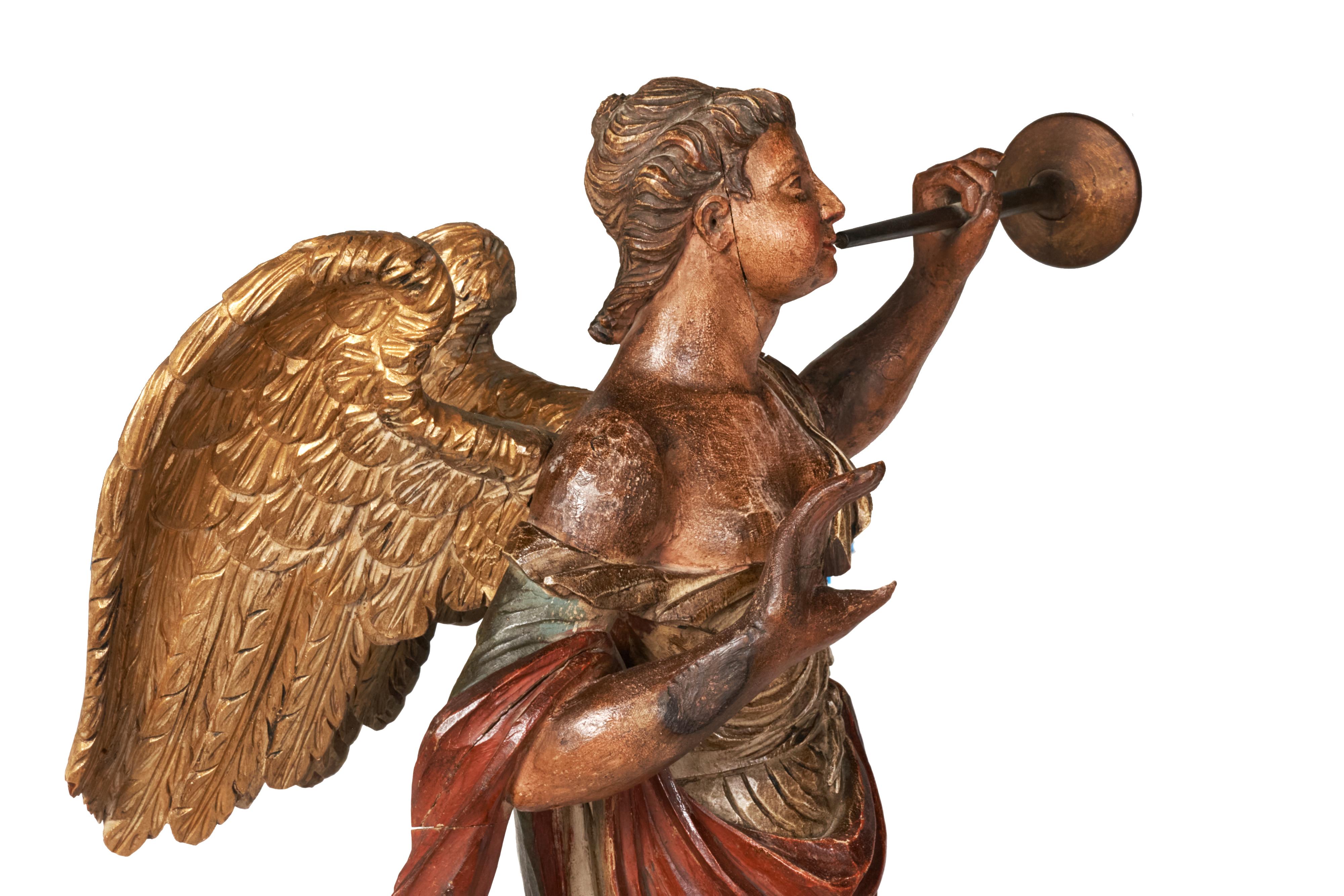 Angel Gabriel with Horn, Painted 19th Century Hand Carved Wooden Statue In Good Condition In Plymouth, MA