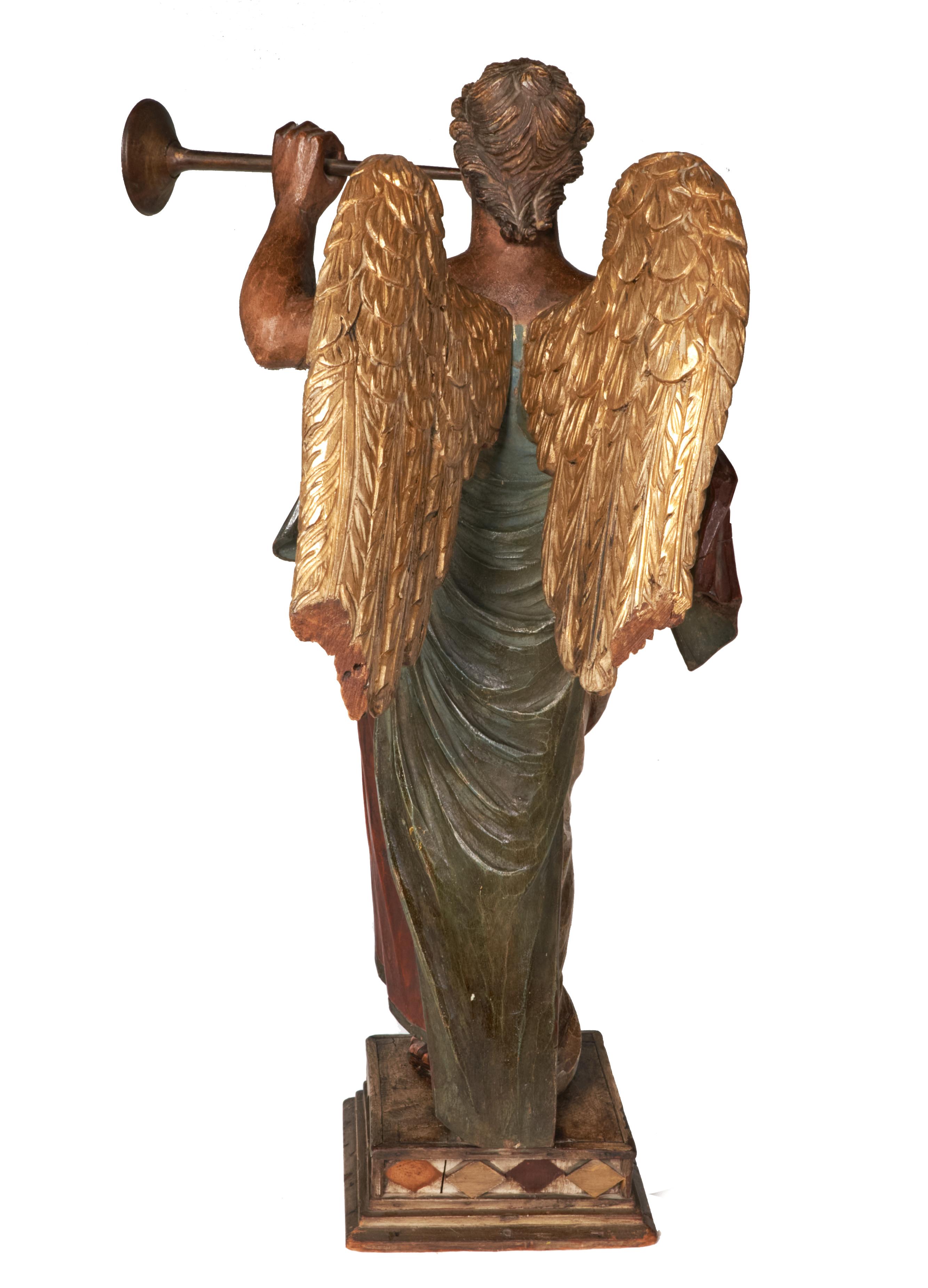 Angel Gabriel with Horn, Painted 19th Century Hand Carved Wooden Statue 2