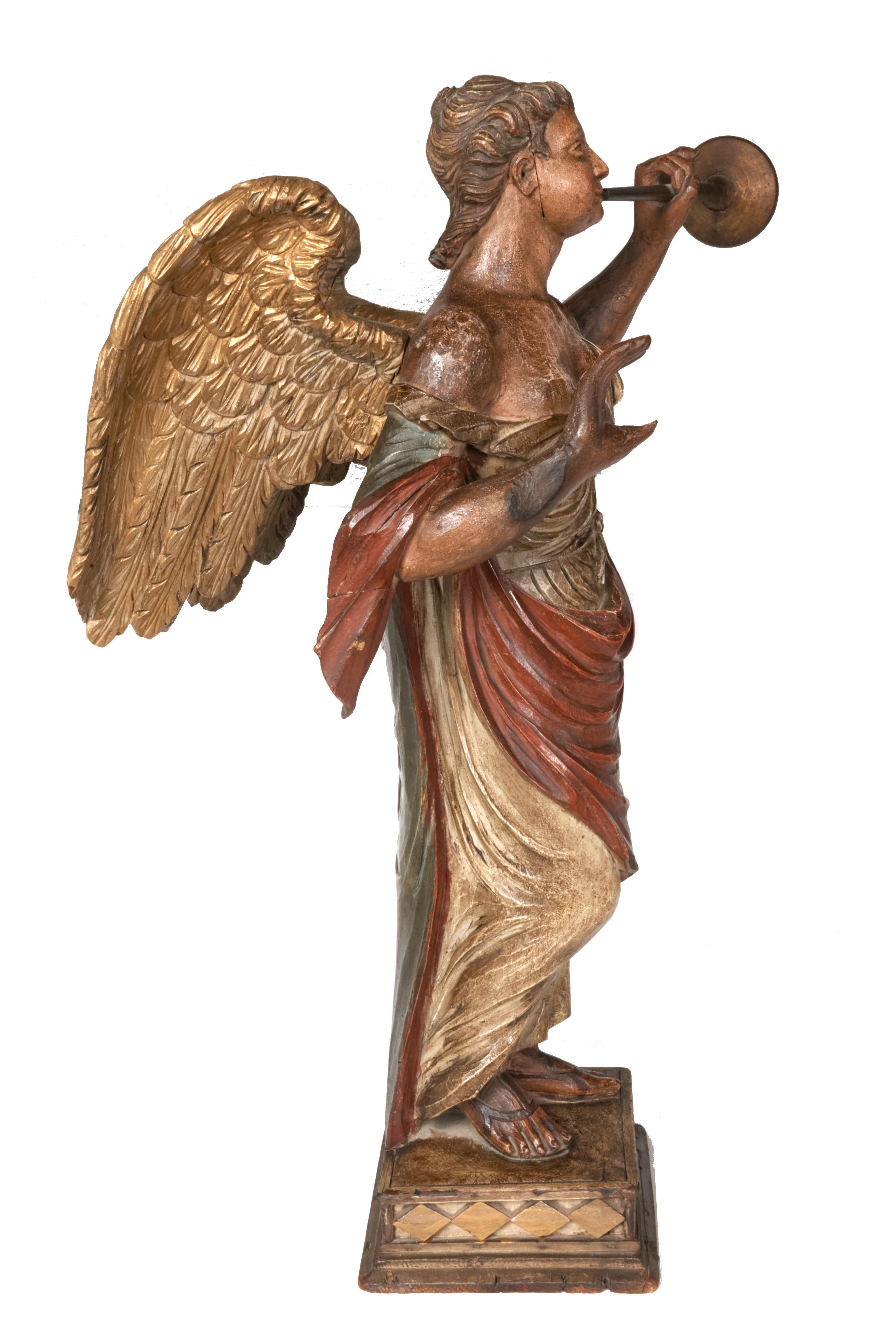 Angel Gabriel with Horn, Painted 19th Century Hand Carved Wooden Statue 3