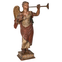 Angel Gabriel with Horn, Painted 19th Century Hand Carved Wooden Statue