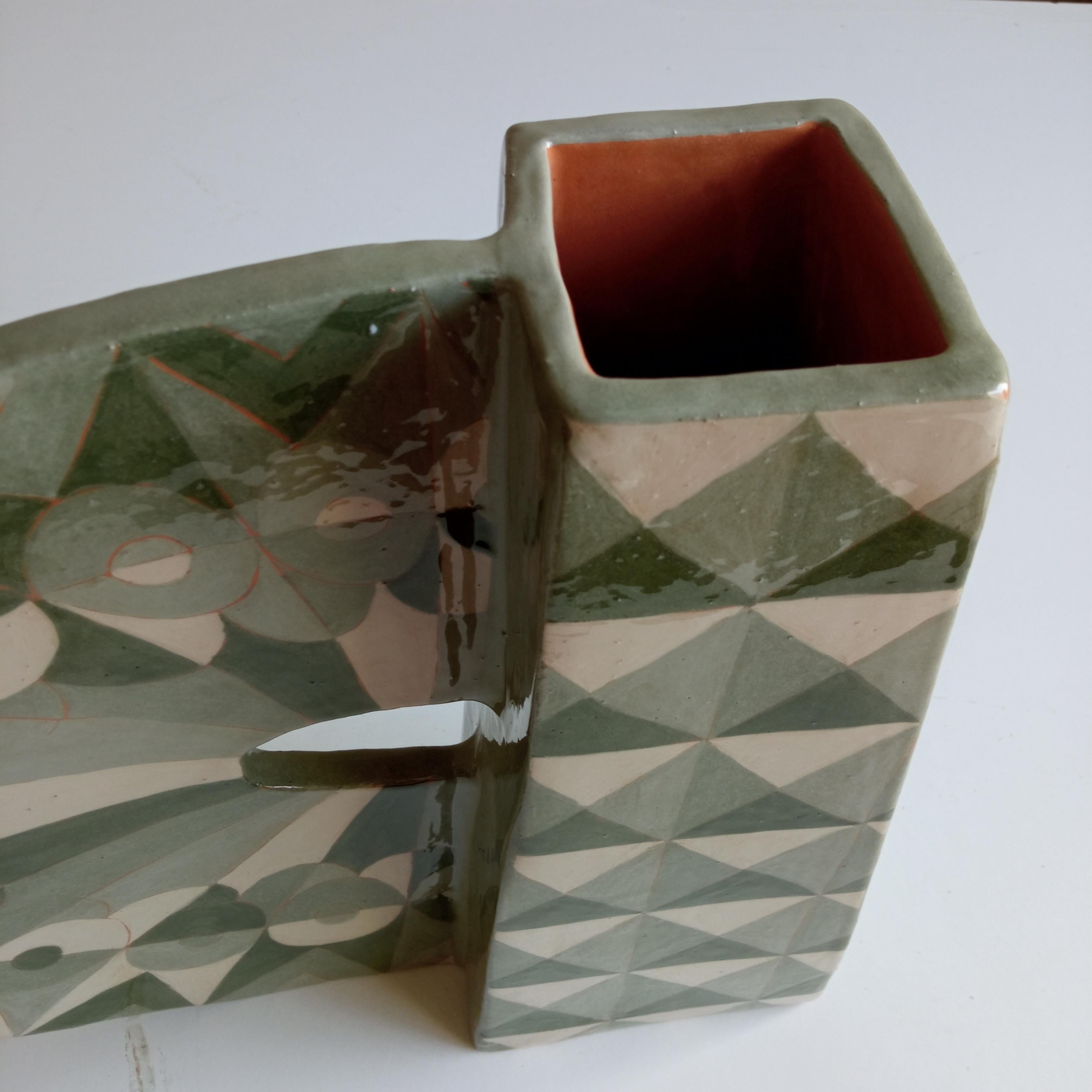 Hand-Painted ANGEL GREEN&WHITE - Terracotta- XXI Century - by Chiara Berta Artist For Sale