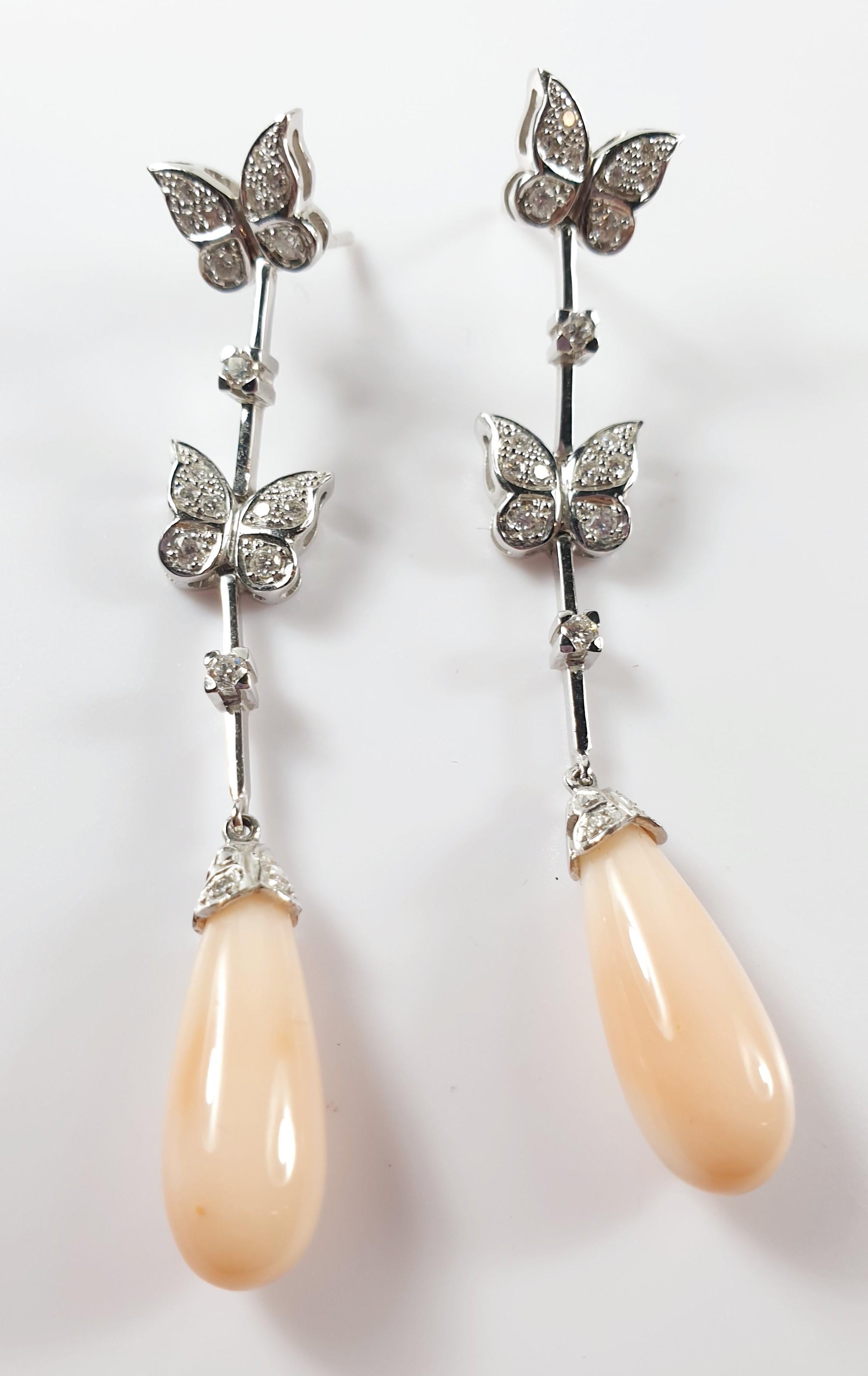 Contemporary Angel Hair Drop Corals in Diamond Pavé Butterflies For Sale