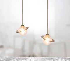 "Angel" Contemporary Hanging Lamp, Crystal Bowl Craquele, Silvered Glass Ring