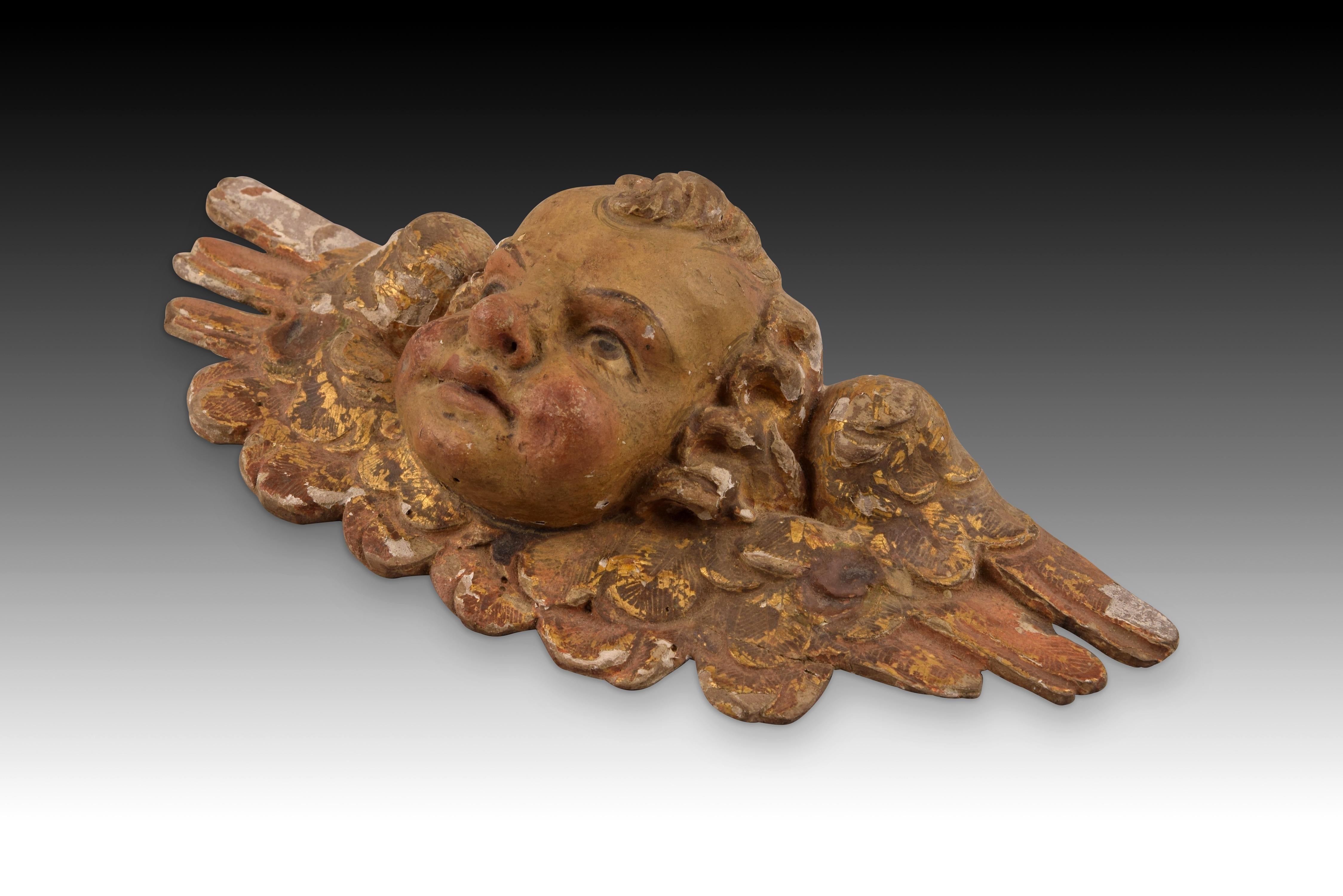 Spanish Angel Head Carved and Polychromed Wood, 17th Century