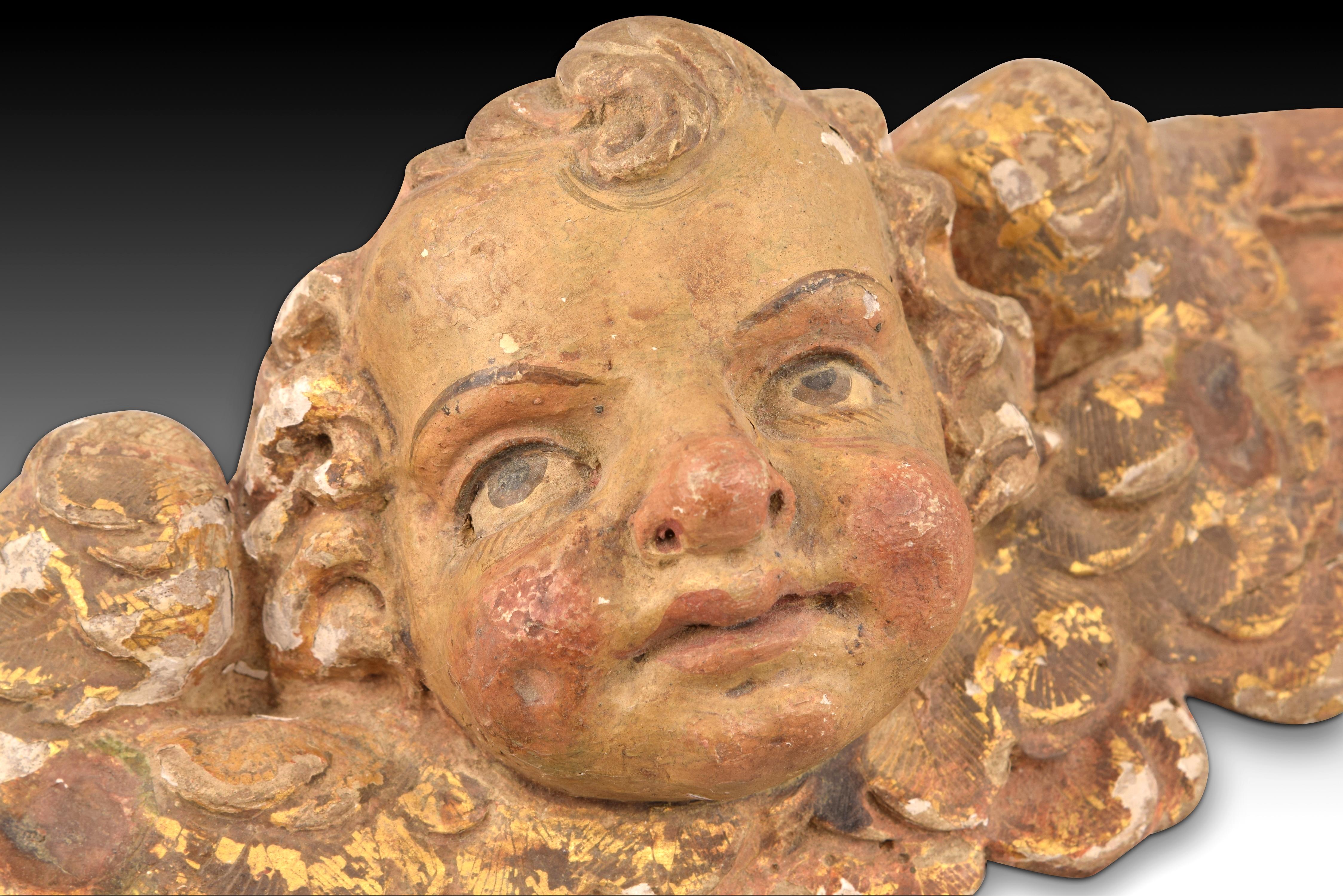 18th Century and Earlier Angel Head Carved and Polychromed Wood, 17th Century