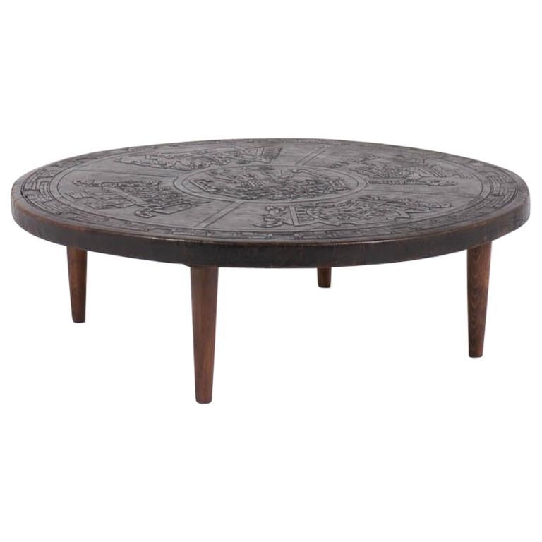 Angel I Pazimo Coffe Table, Teak and Leather, Meubles de Estilo 1960, Gray color