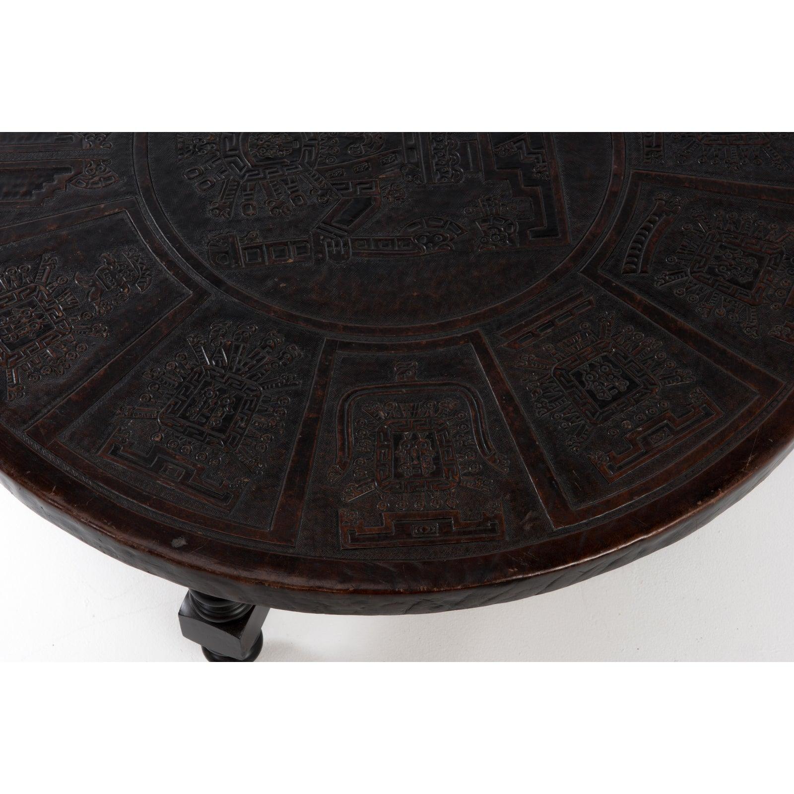 Late 20th Century Angel I. Pazmin Round Mid-Century Modern Leather and Wood Coffee Table