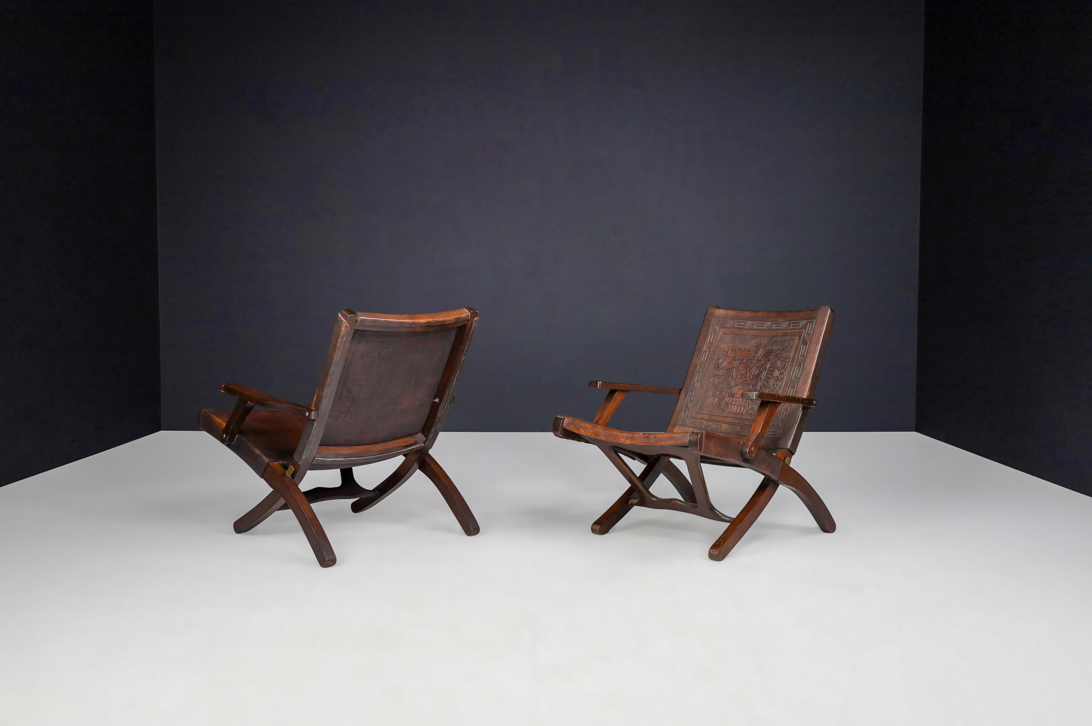 Mid-Century Modern Angel I. Pazmino Cognac-colored Saddle Leather Arm Chairs Ecuador 1970s   For Sale