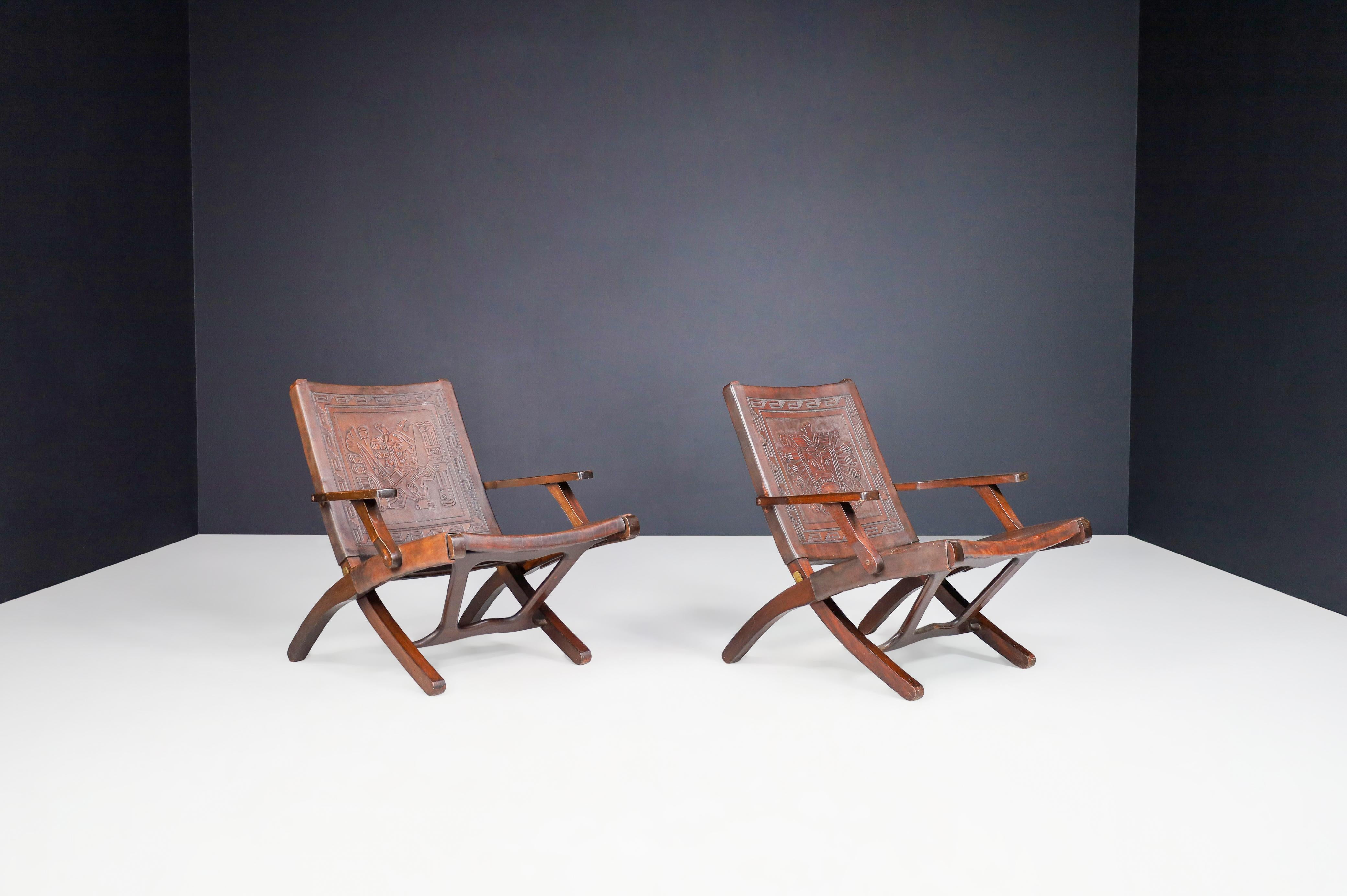 Angel I. Pazmino Cognac-colored Saddle Leather Arm Chairs Ecuador 1970s   For Sale 1