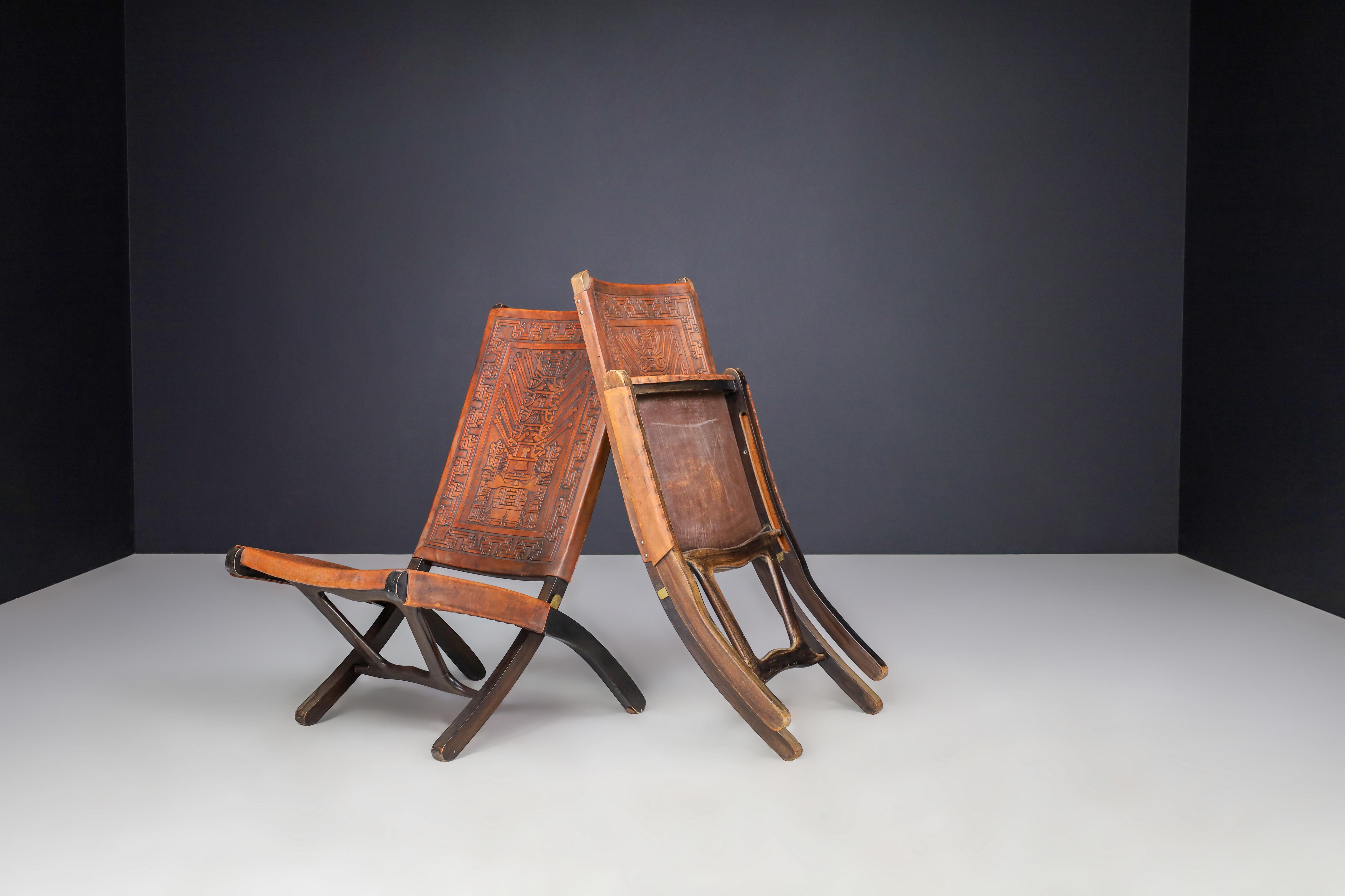 Angel I. Pazmino Cognac-colored Saddle Leather Folding Chairs Ecuador 1970s   In Good Condition For Sale In Almelo, NL