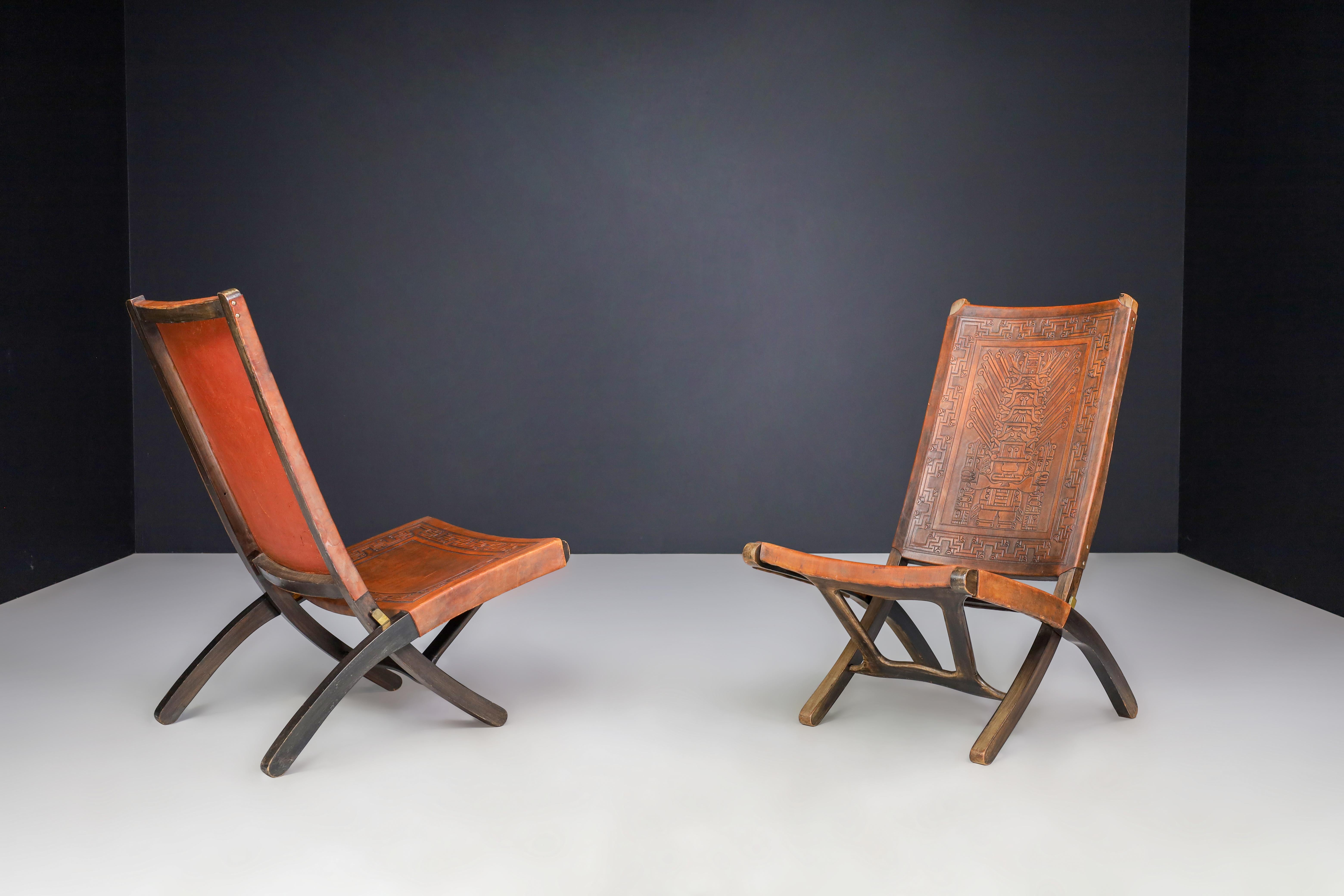 Angel I. Pazmino Cognac-colored Saddle Leather Folding Chairs Ecuador 1970s   For Sale 1