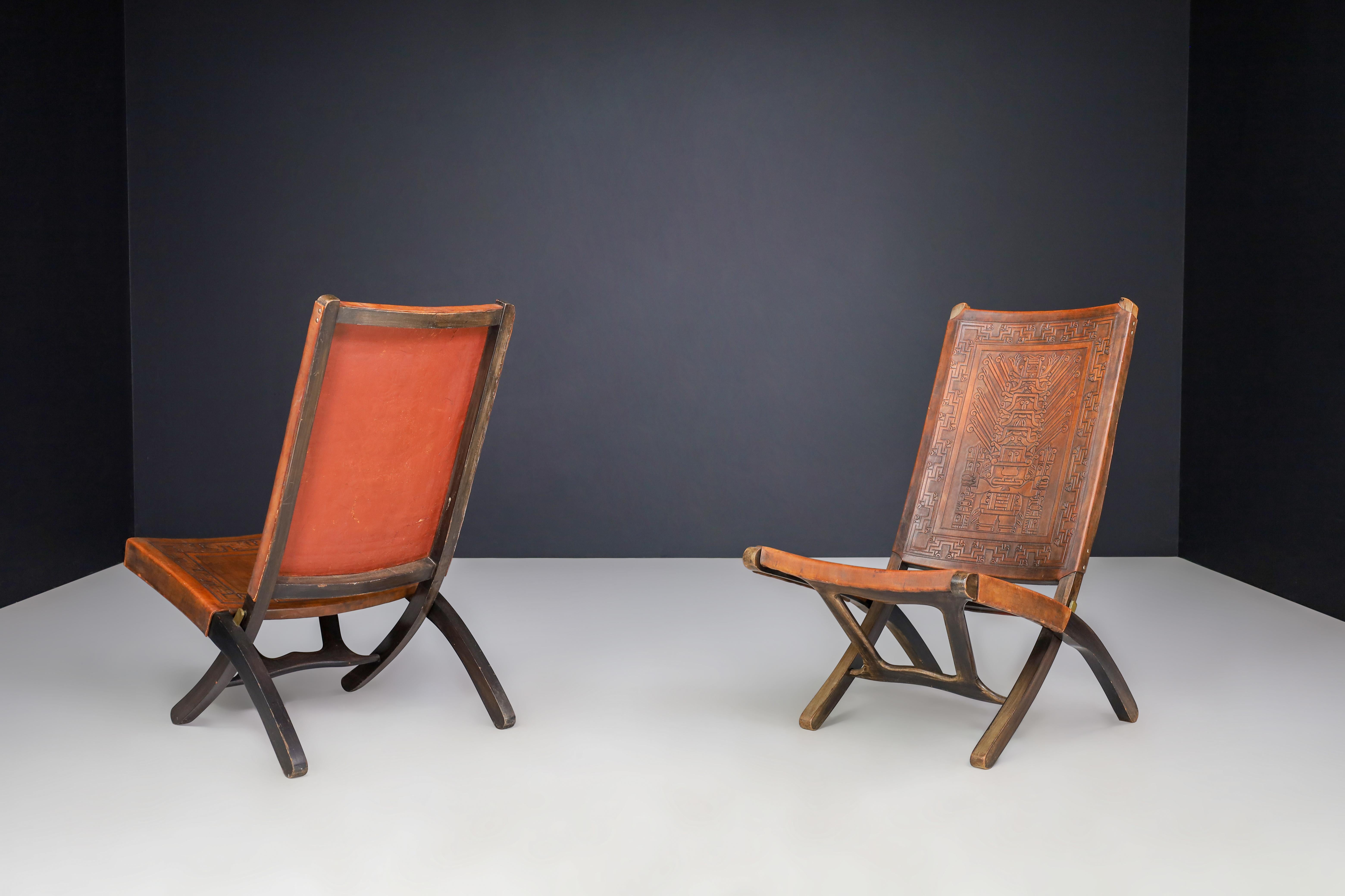 Angel I. Pazmino Cognac-colored Saddle Leather Folding Chairs Ecuador 1970s   For Sale 2
