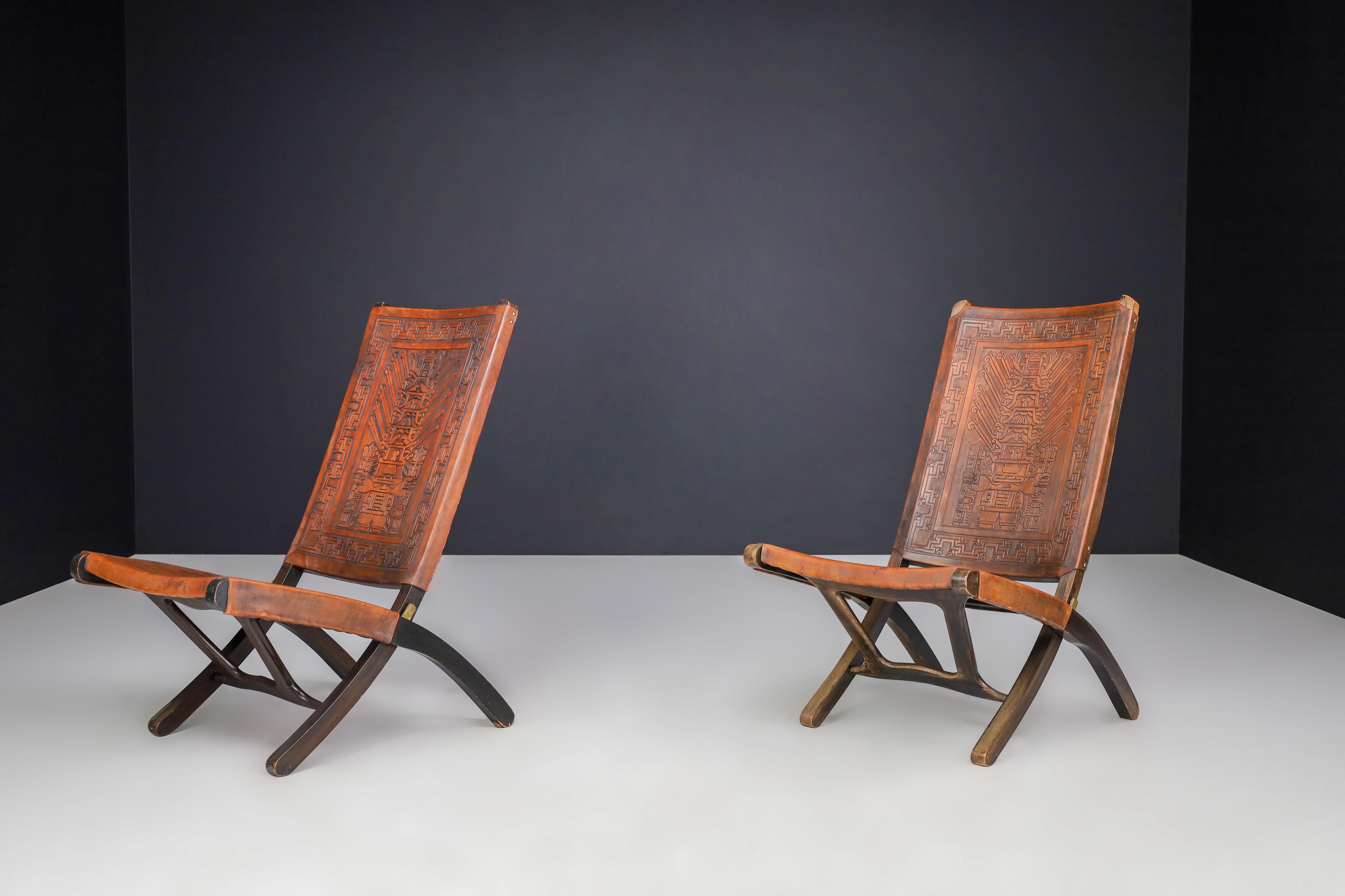 Angel I. Pazmino Cognac-colored Saddle Leather Folding Chairs Ecuador 1970s   For Sale 3
