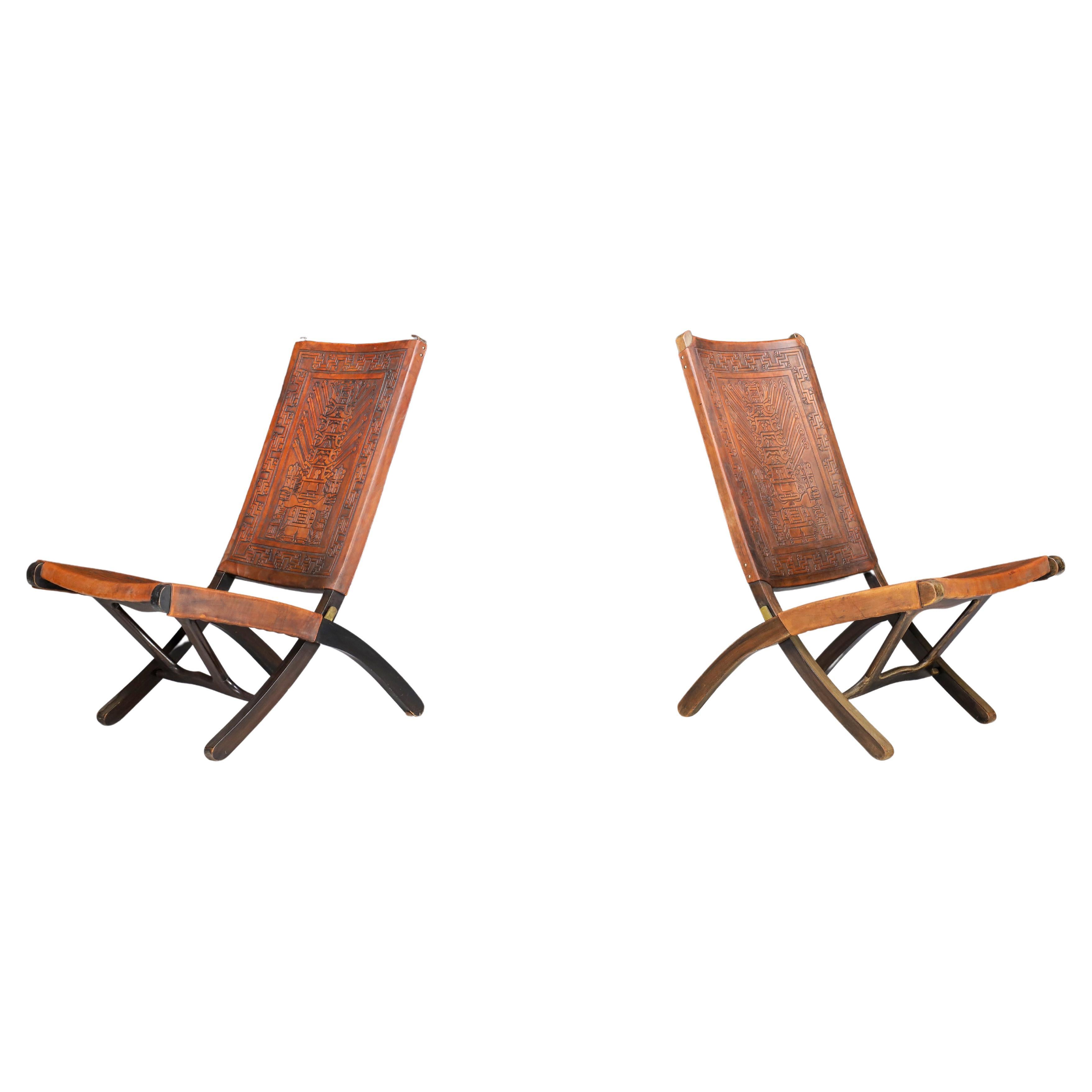 Angel I. Pazmino Cognac-colored Saddle Leather Folding Chairs Ecuador 1970s   For Sale