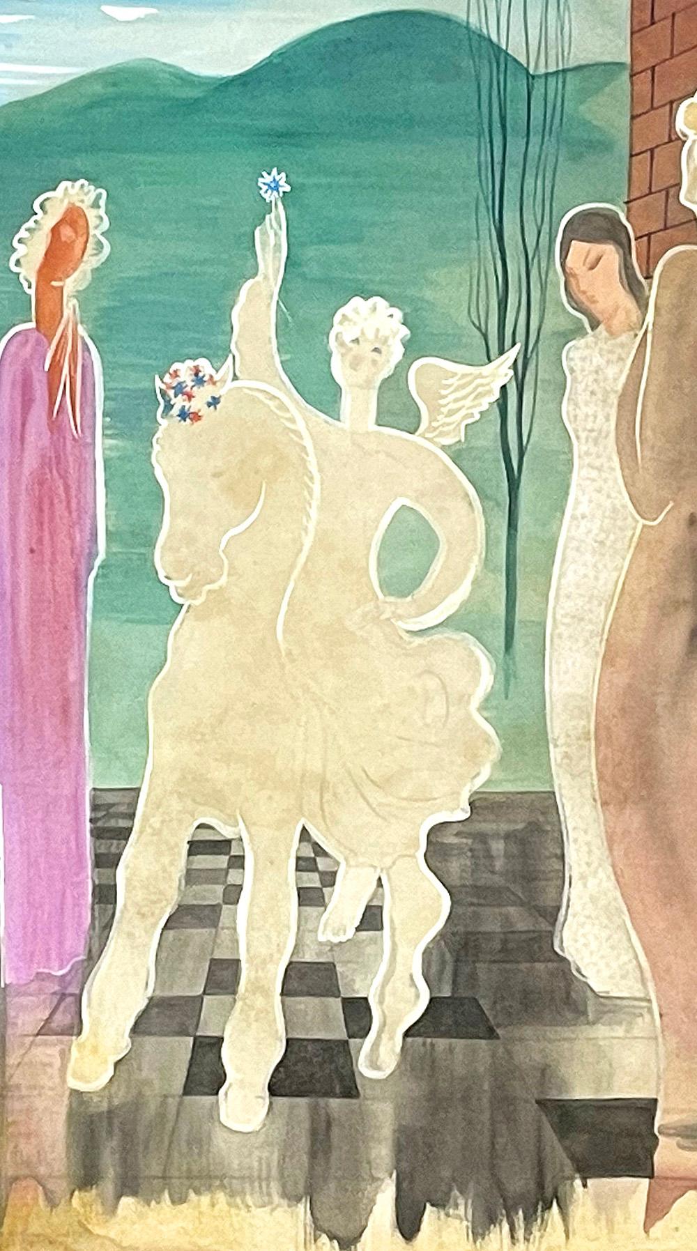 Mystérieuse et digne, mais pleine de vie et de couleurs, cette peinture d'Emile Deschler, datant de 1939, représente un ange à cheval au centre d'une place de village, entouré d'une mère et de son enfant, d'une coterie de femmes grandes et élégantes