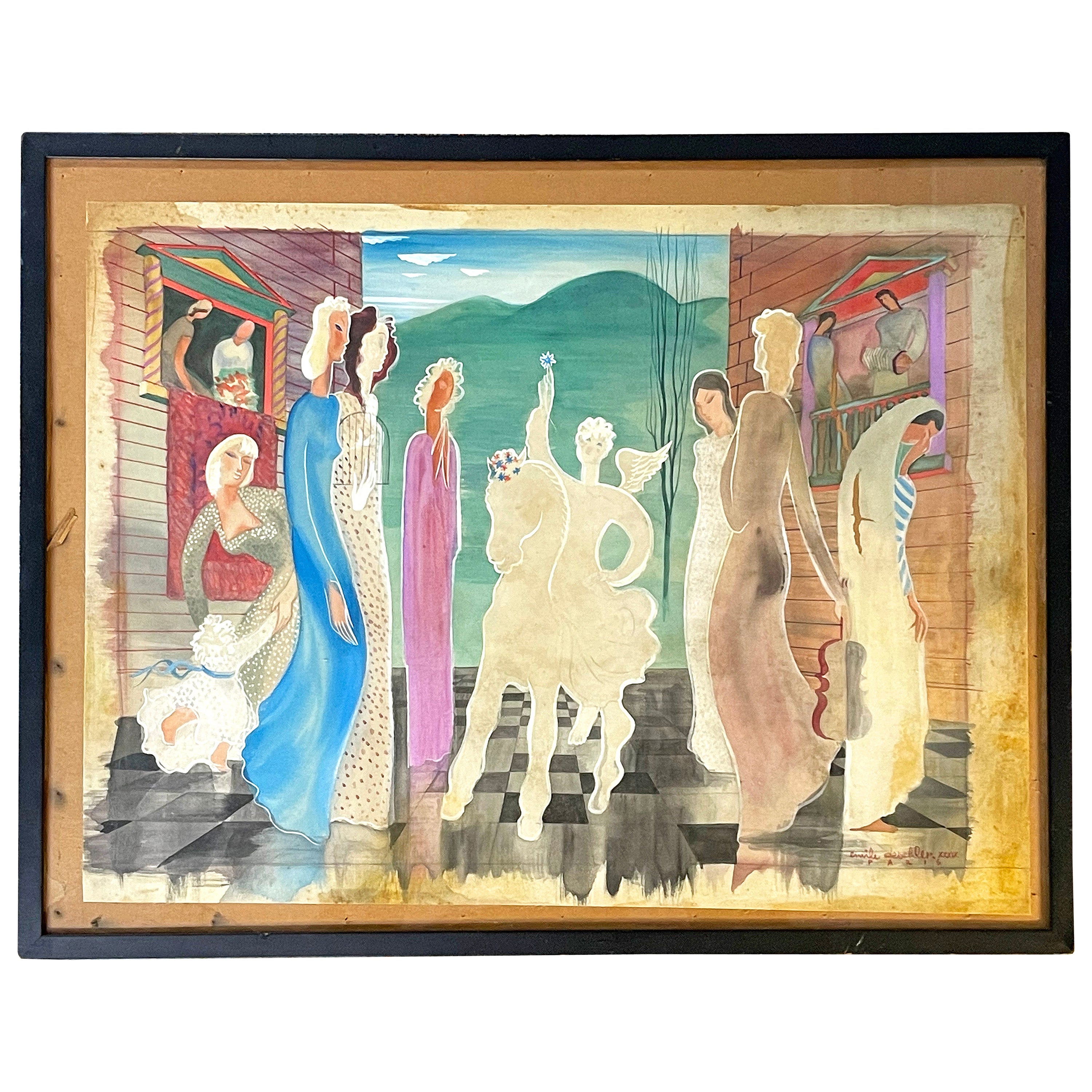 „Engel am Quadrat“, Art-Déco-Gemälde in Blau, Grün und Rosa, Paris, 1939