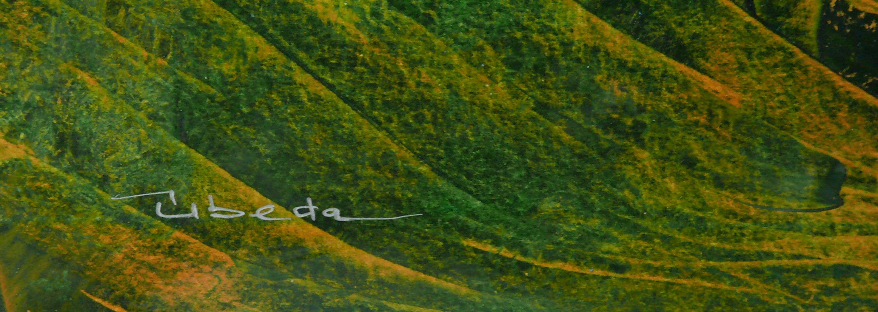 Under The Sea Series Nº 1. Úbeda Oil on Paper Fantasy green and orange Landscape - Painting by Ángel Luis Úbeda