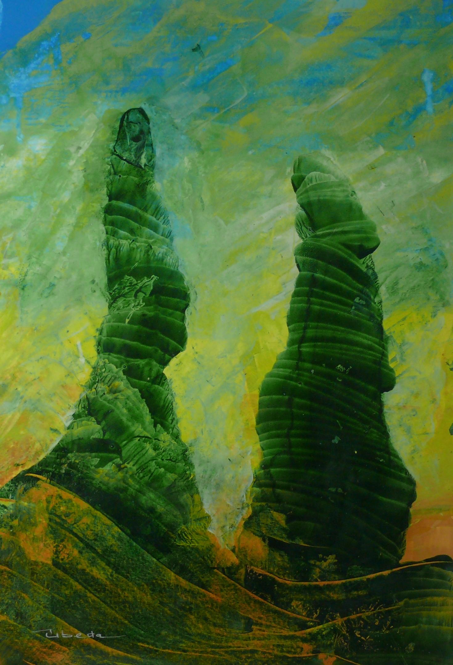 Ángel Luis Úbeda Landscape Painting - Under The Sea Series Nº 1. Úbeda Oil on Paper Fantasy green and orange Landscape
