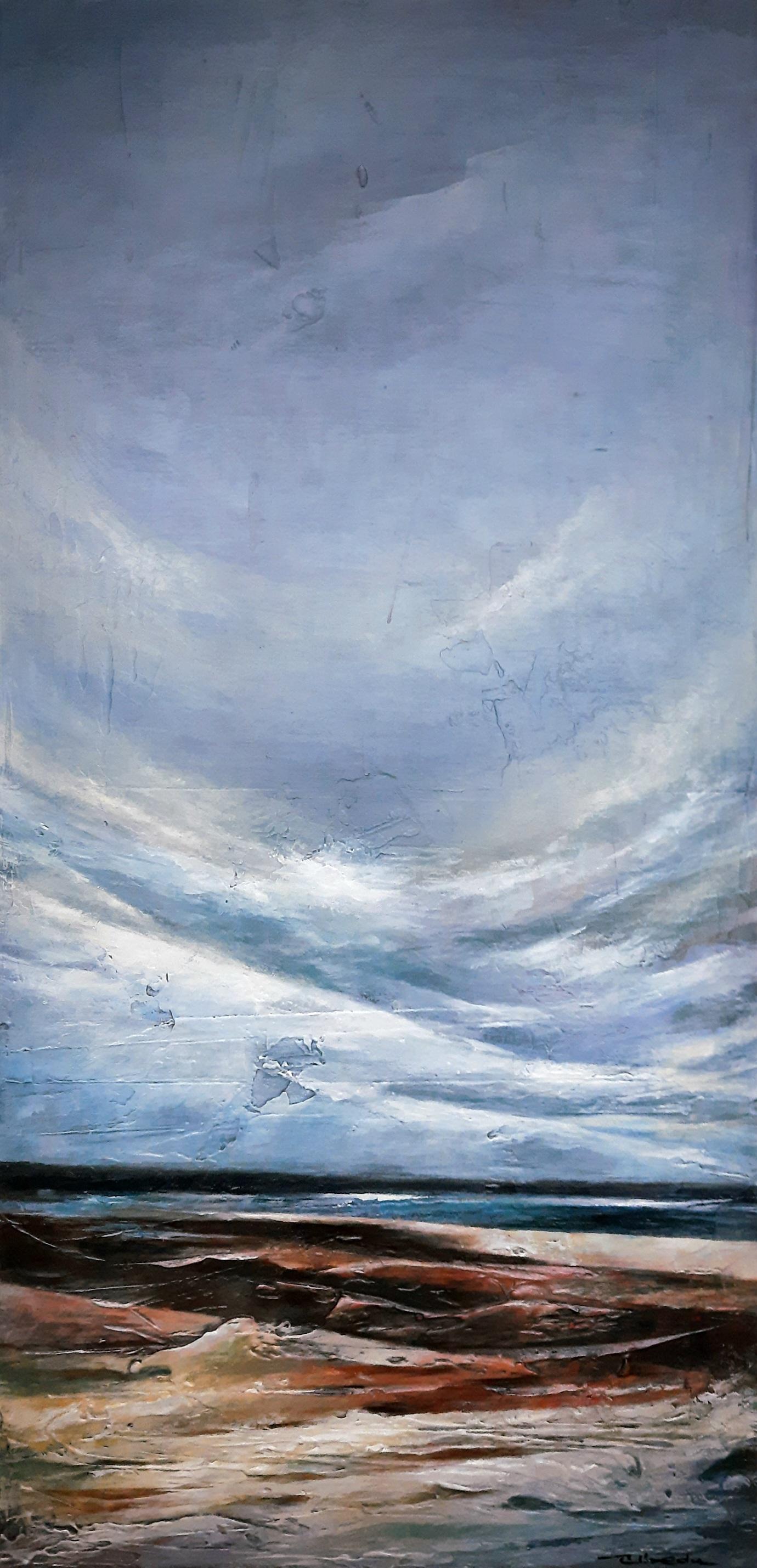 Sea of clouds. Abstract impressionist vertical landscape. Blue-grey-ocher color - Painting by Ángel Luis Úbeda
