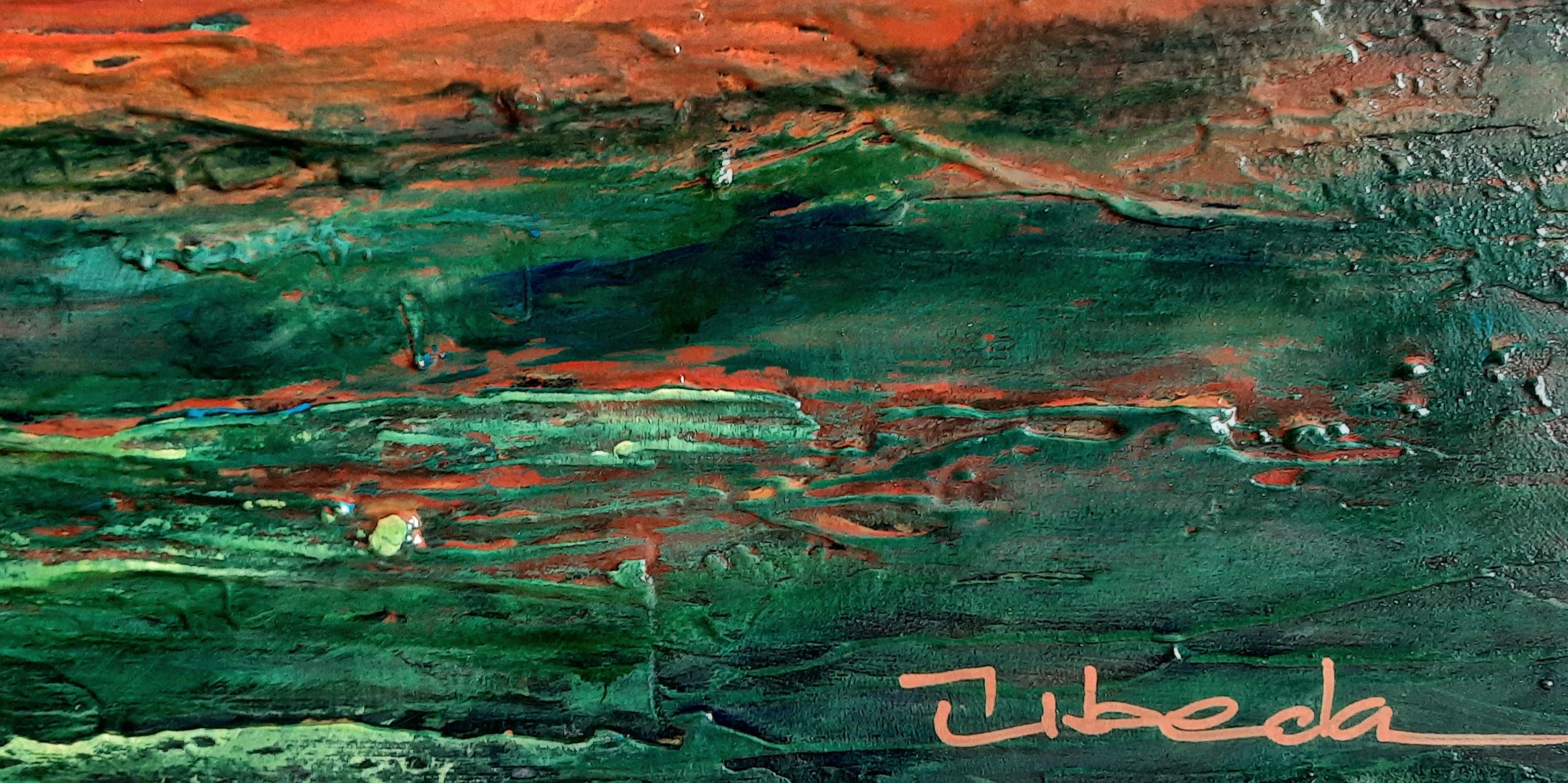 Breakage in amaranth. Abstract impressionist landscape. Blue-green-orange colors - Painting by Ángel Luis Úbeda