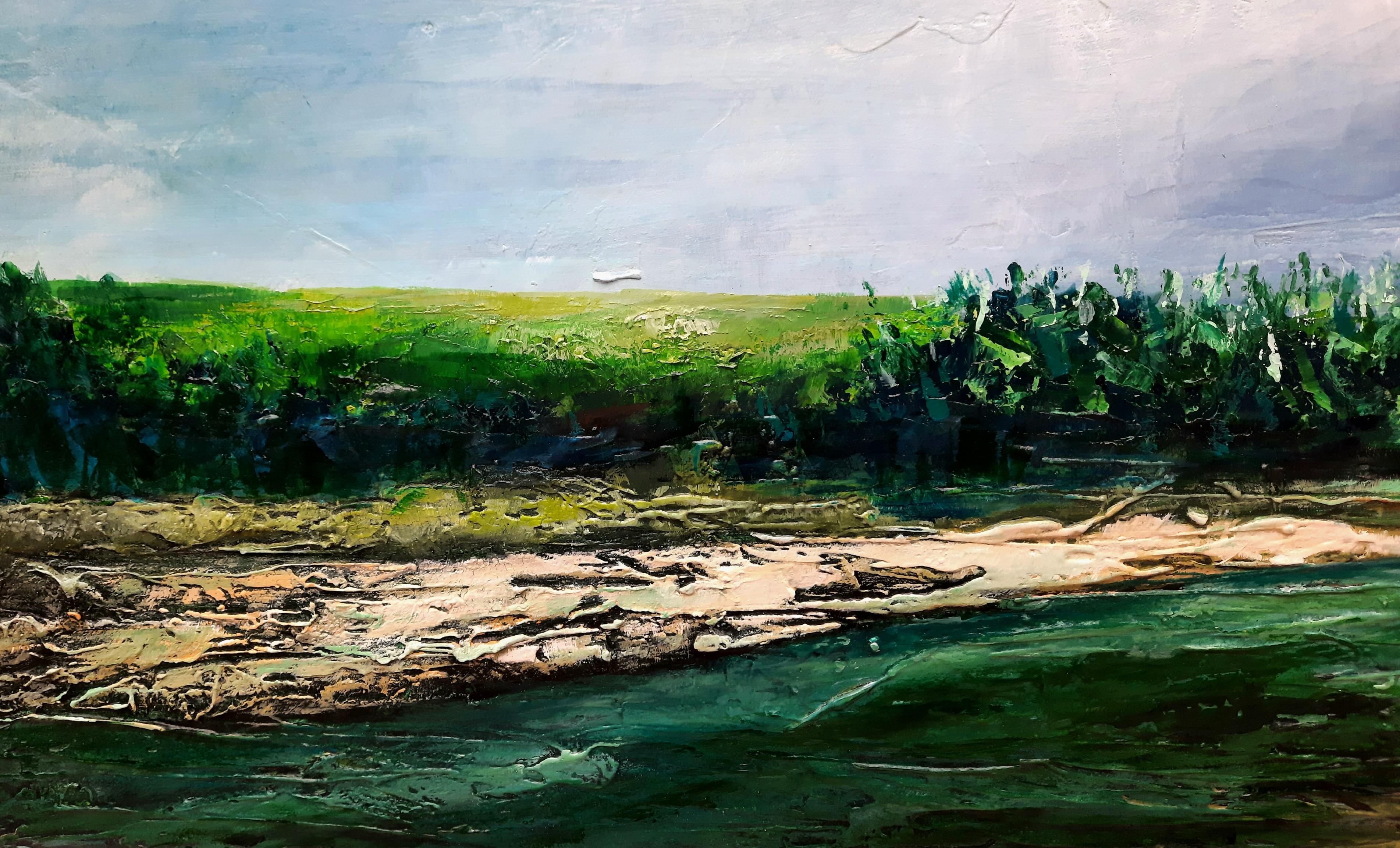 Breakage in amaranth. Abstract impressionist landscape. Blue-green-orange colors For Sale 1