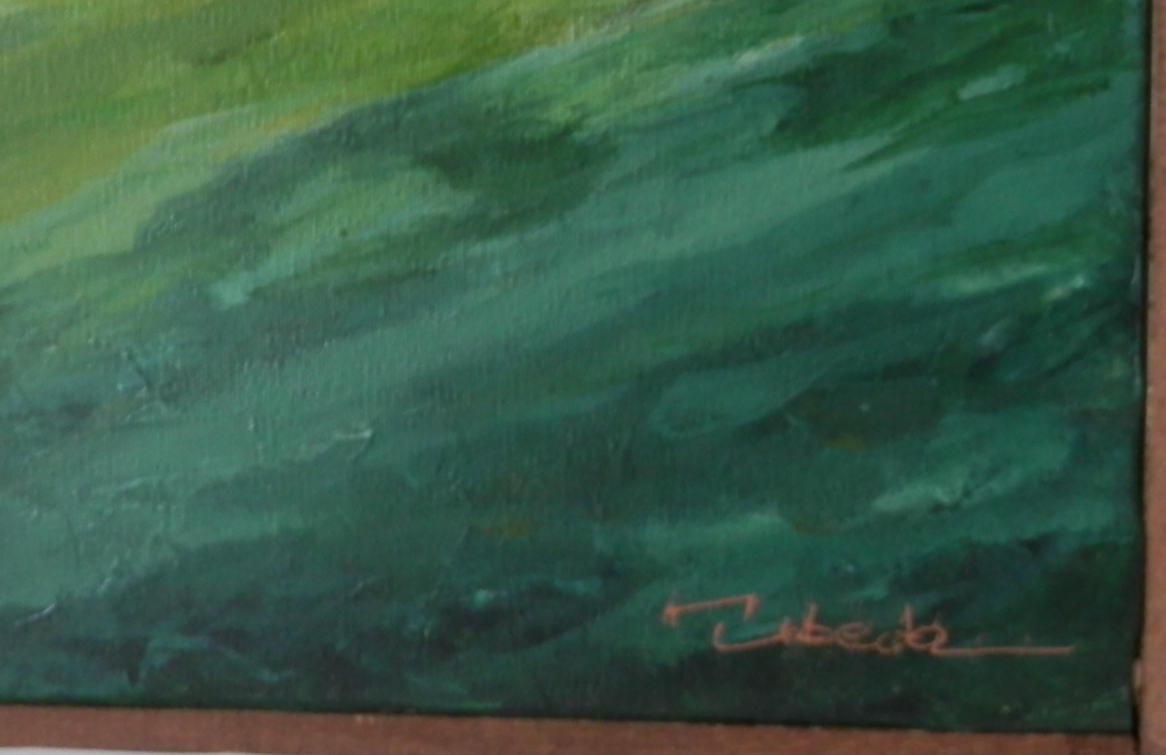 Cumulonimbos. Acrílico sobre lienzo. Úbeda. Paisaje vertical moderno - Figurative Painting Verde de Ángel Luis Úbeda